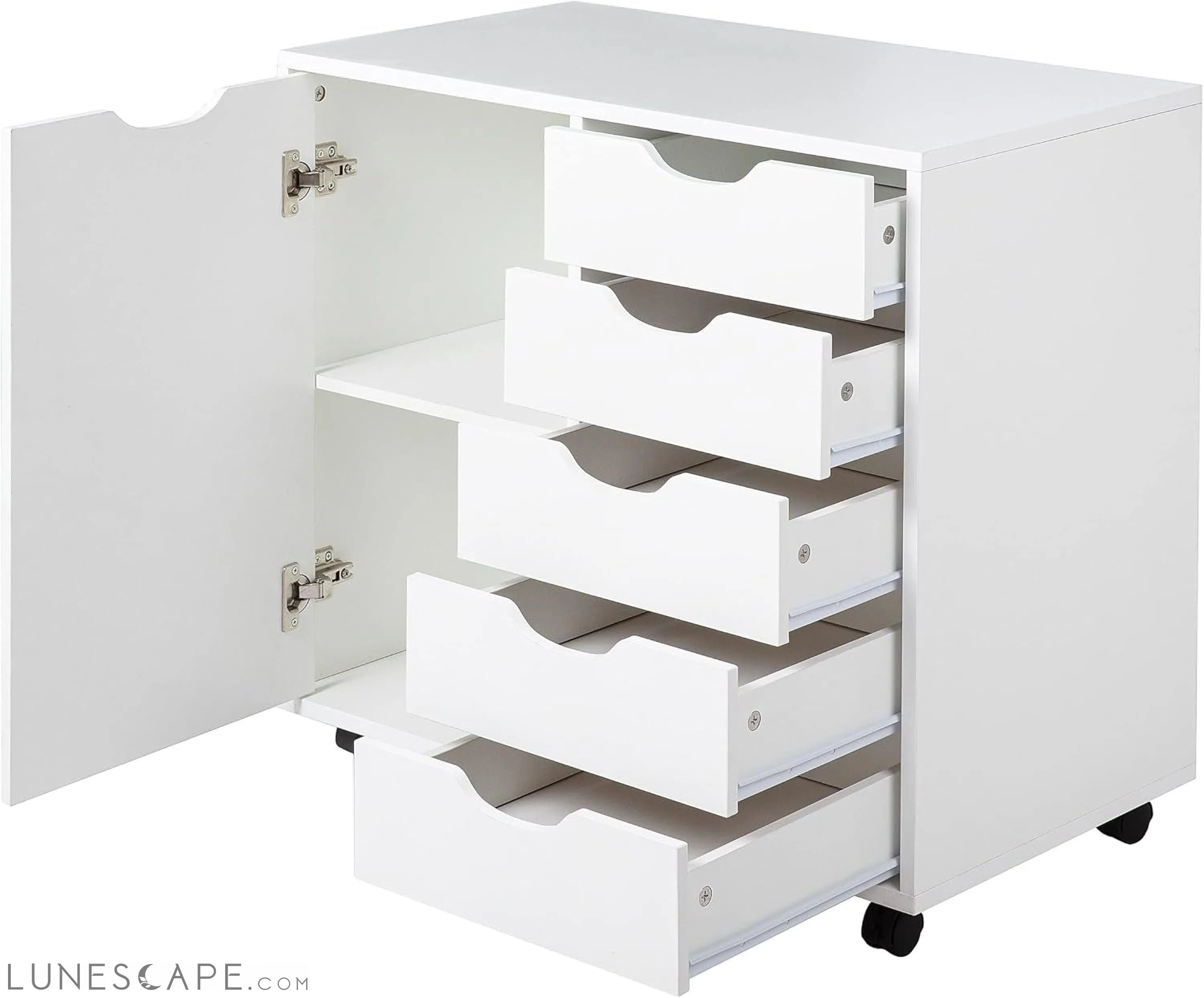 White Dresser with 5 Drawers & Wheels LUNESCAPE