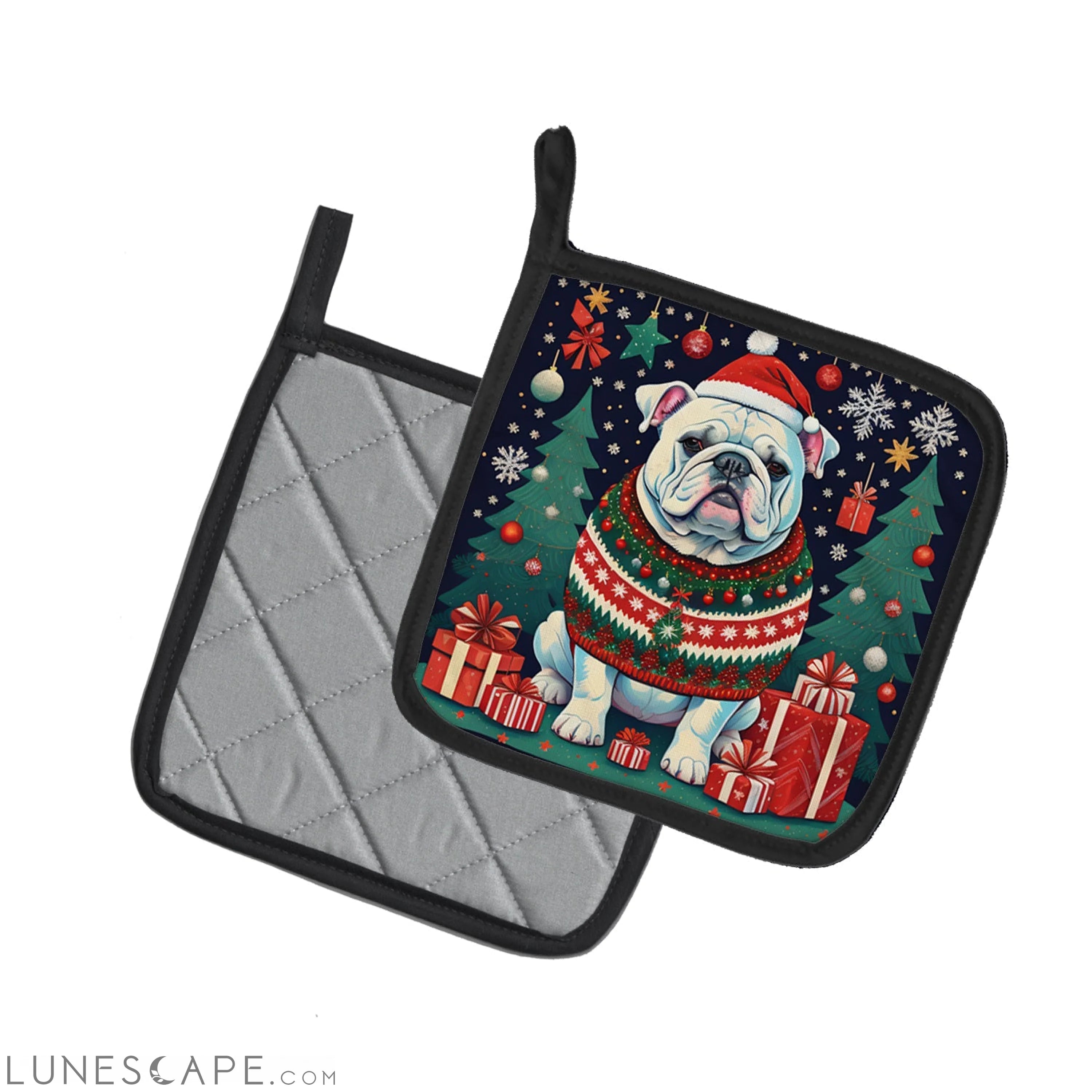 White English Bulldog Christmas Pair of Pot Holders LUNESCAPE