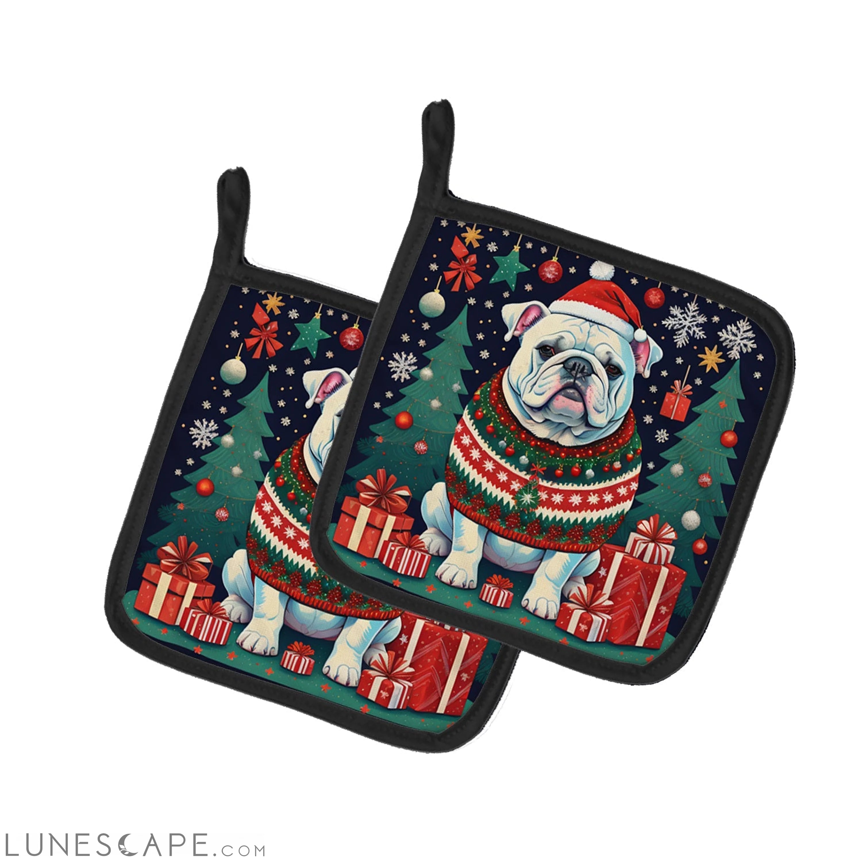 White English Bulldog Christmas Pair of Pot Holders LUNESCAPE