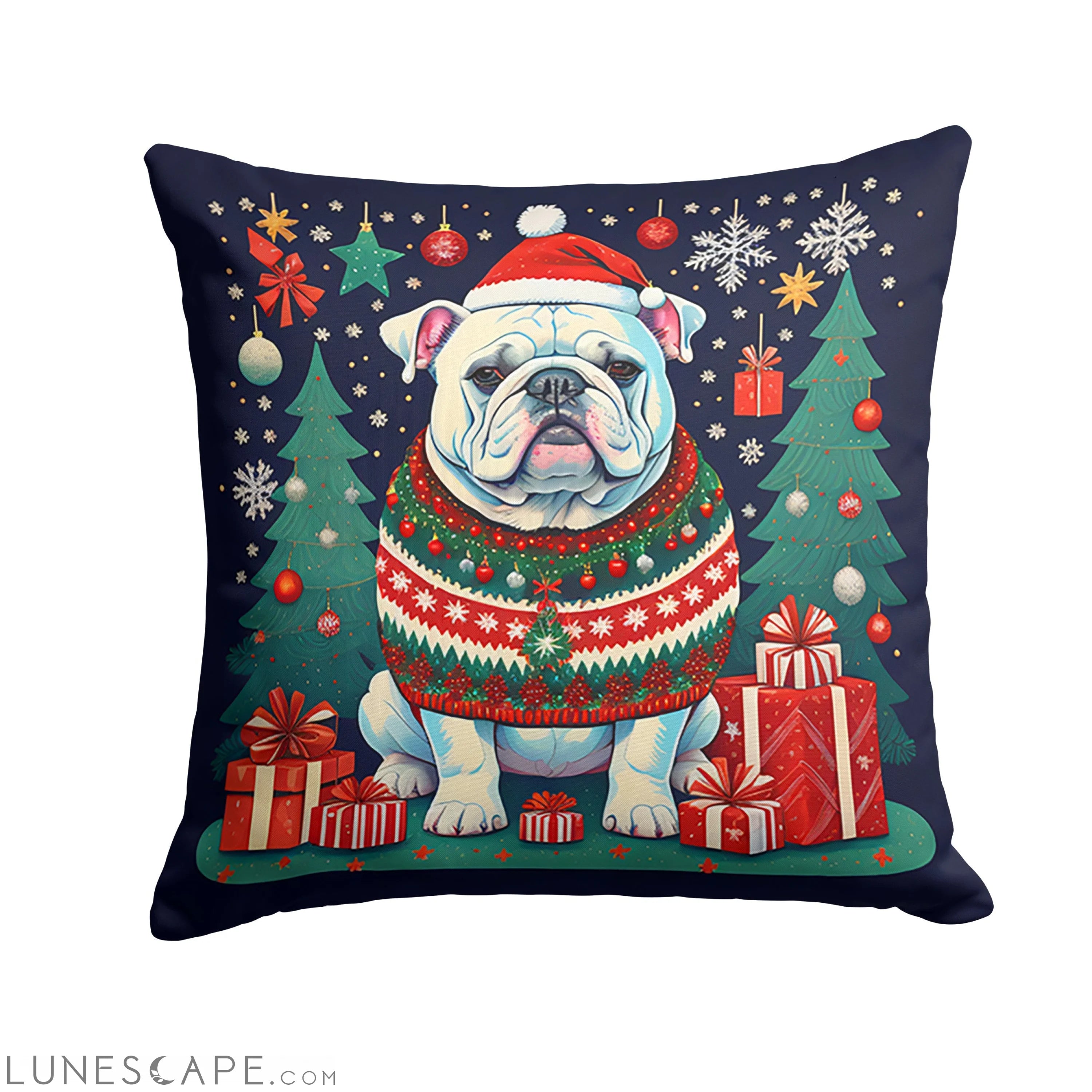 White English Bulldog Christmas Throw Pillow LUNESCAPE