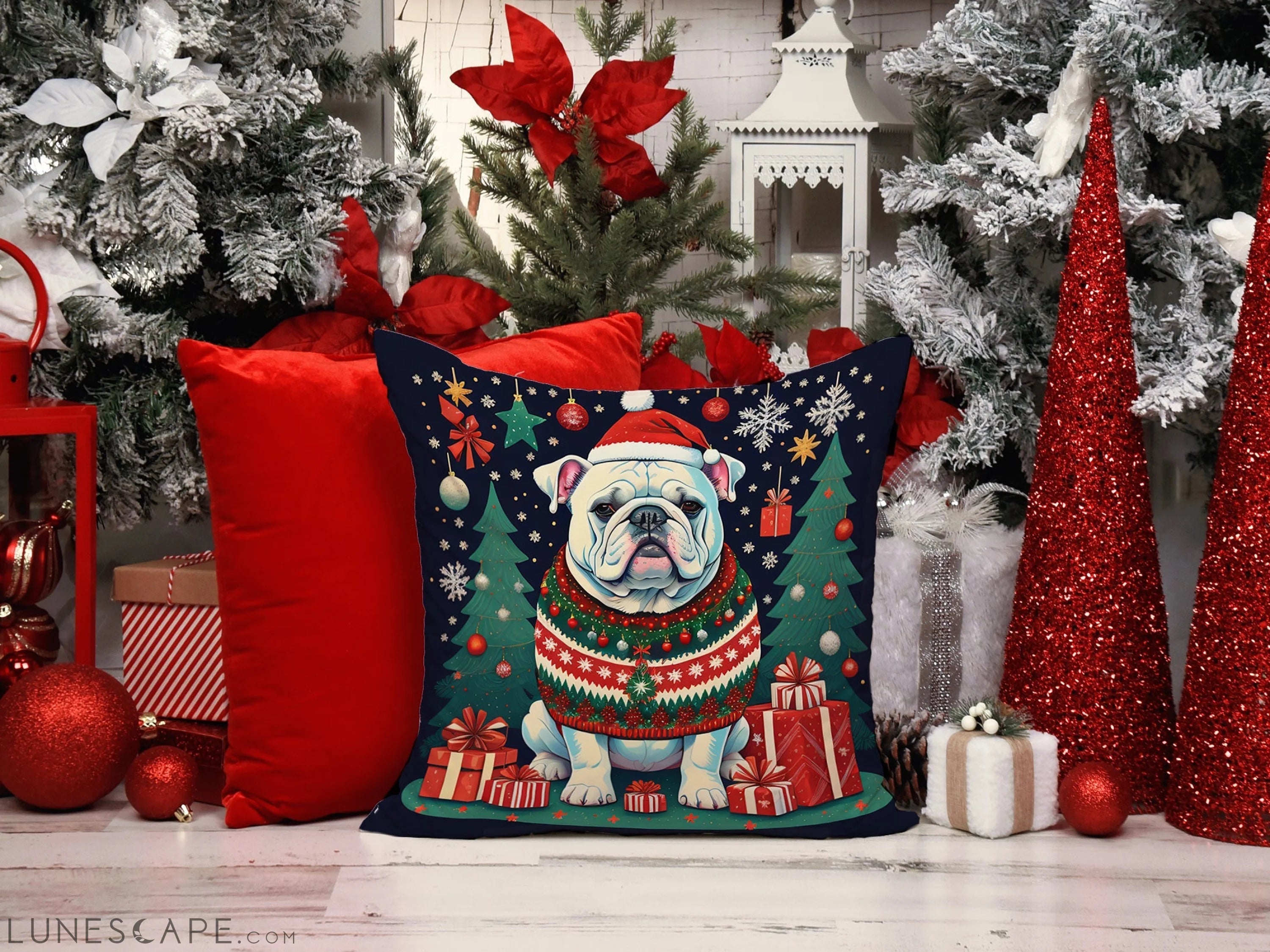 White English Bulldog Christmas Throw Pillow LUNESCAPE