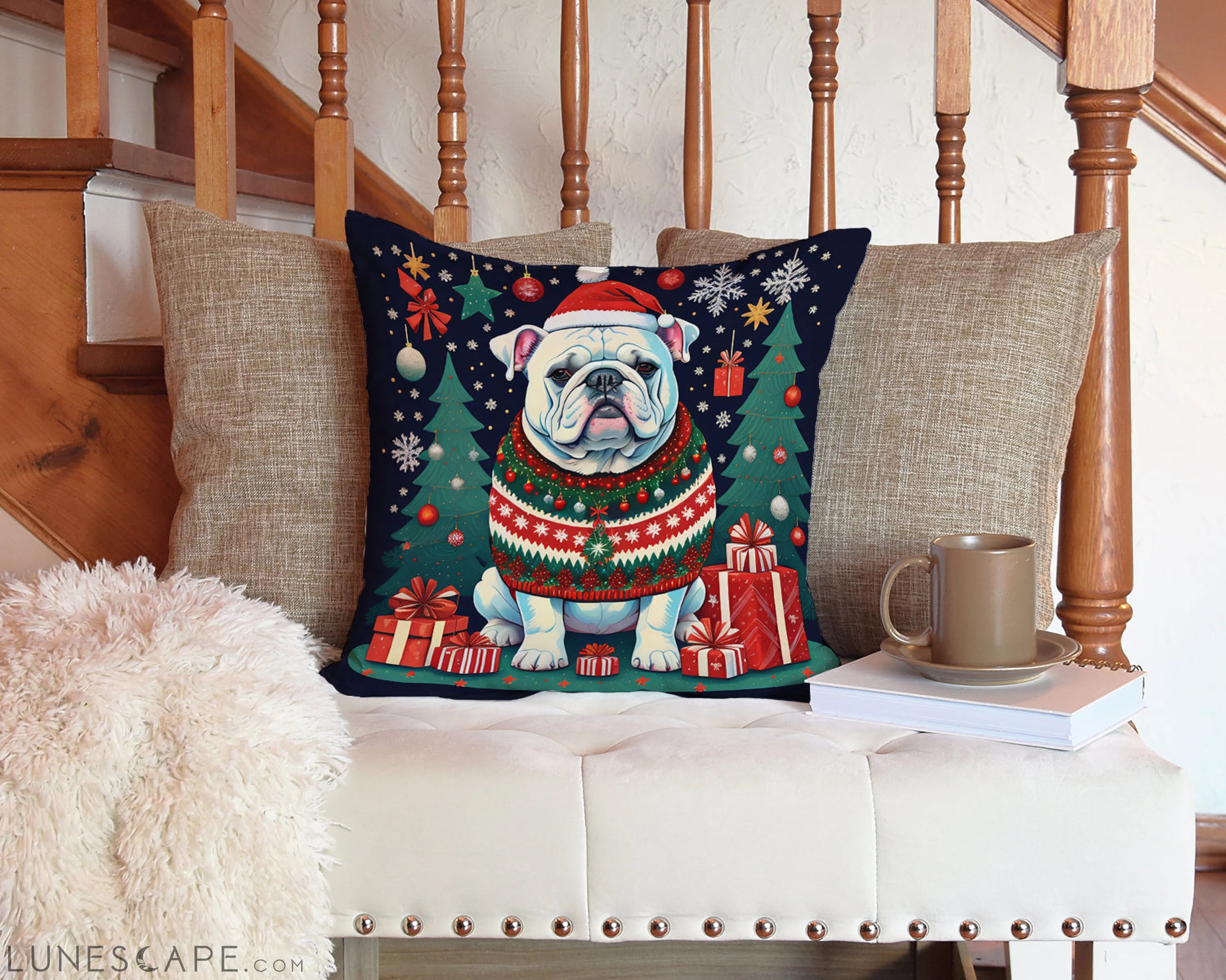 White English Bulldog Christmas Throw Pillow LUNESCAPE