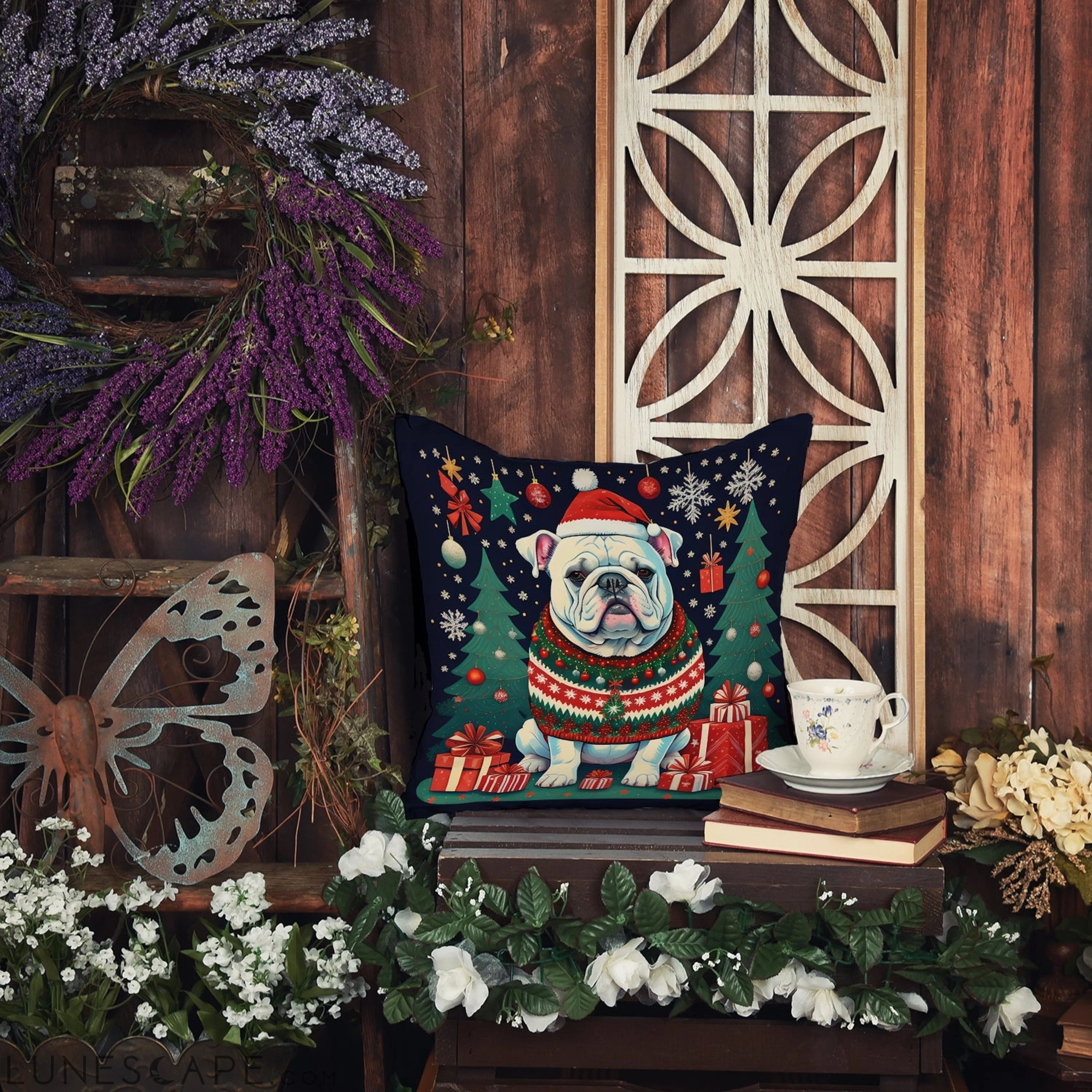 White English Bulldog Christmas Throw Pillow LUNESCAPE