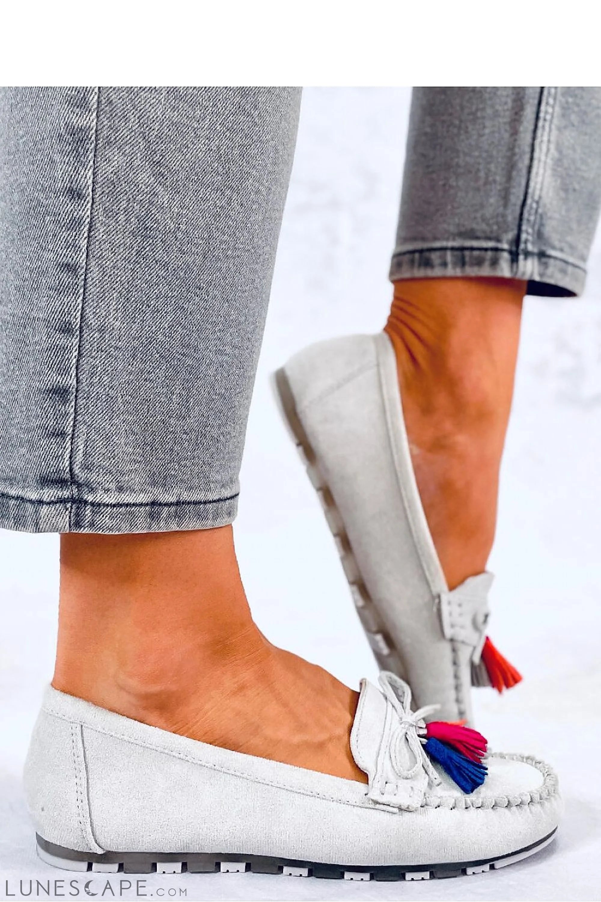 White Leather Moccasins with Red & Blue Tassels and Flexible Sole LUNESCAPE