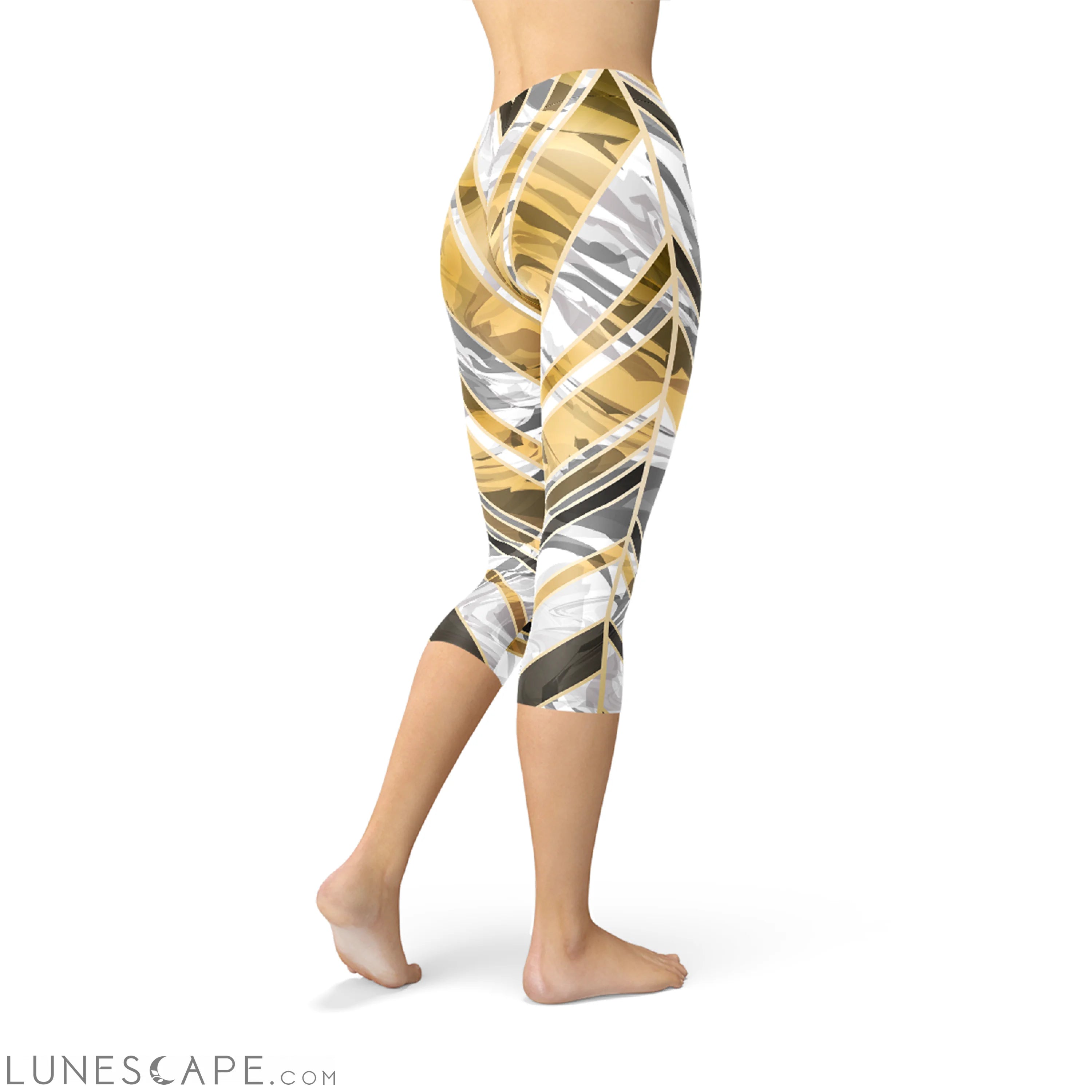 White Marble w/ Black Gold Lines Capri Leggings Leggings