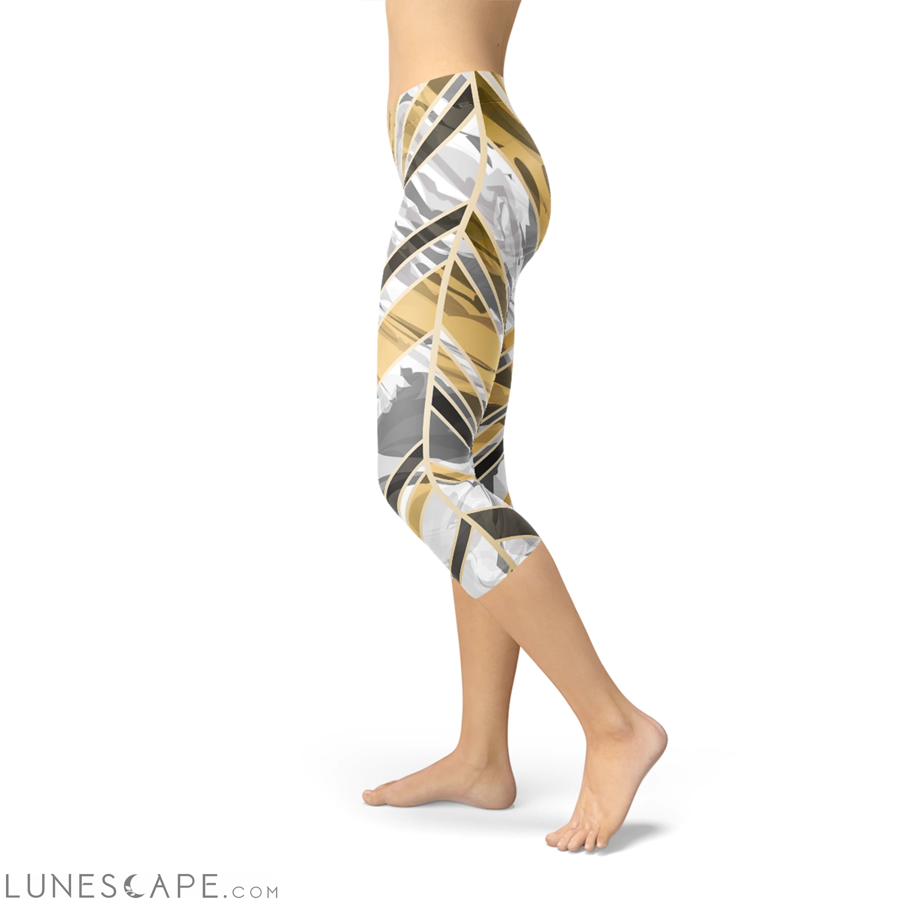 White Marble w/ Black Gold Lines Capri Leggings Leggings