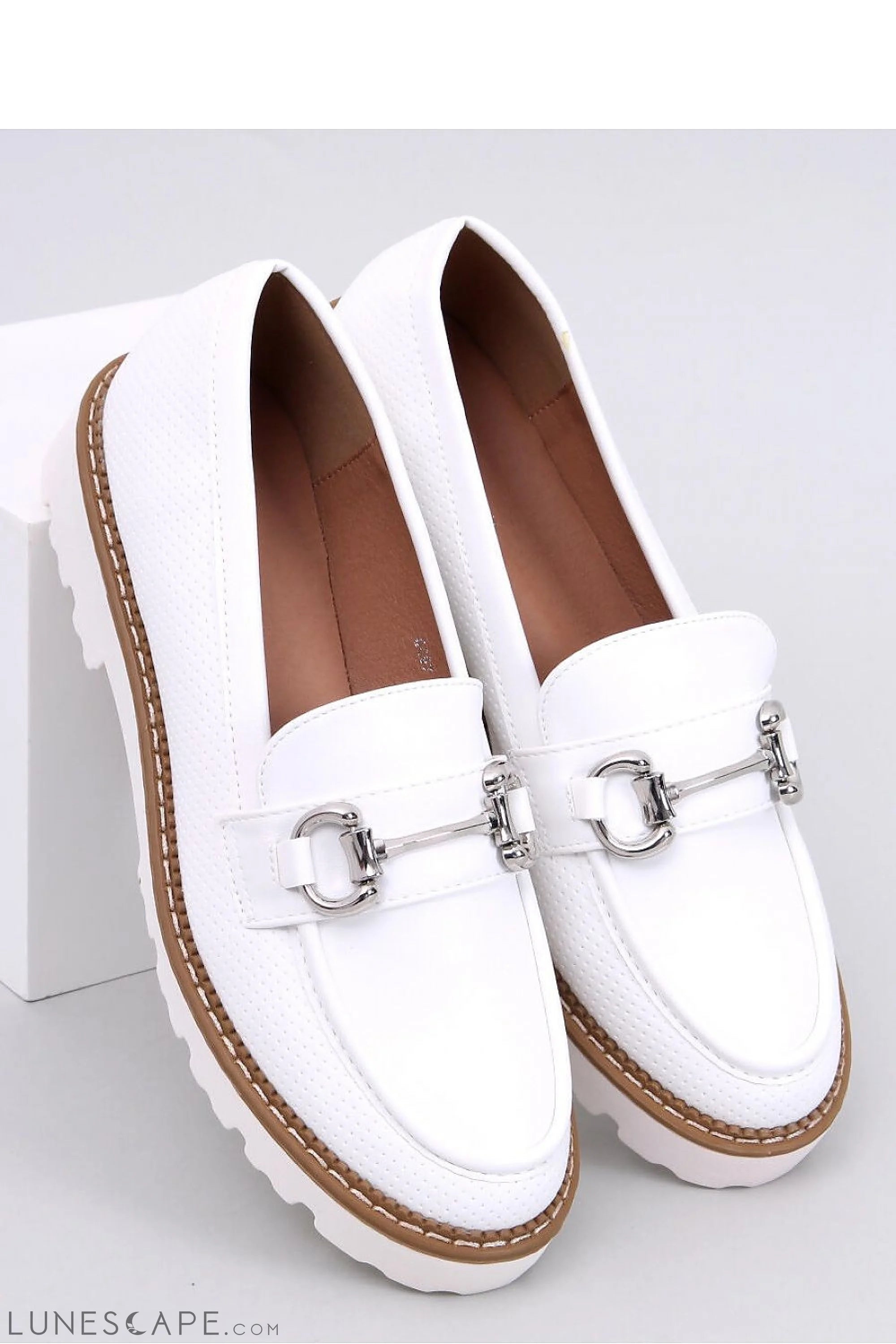 White Perforated Eco-Leather Loafers for Women – Almond Toe with Silver Bit LUNESCAPE