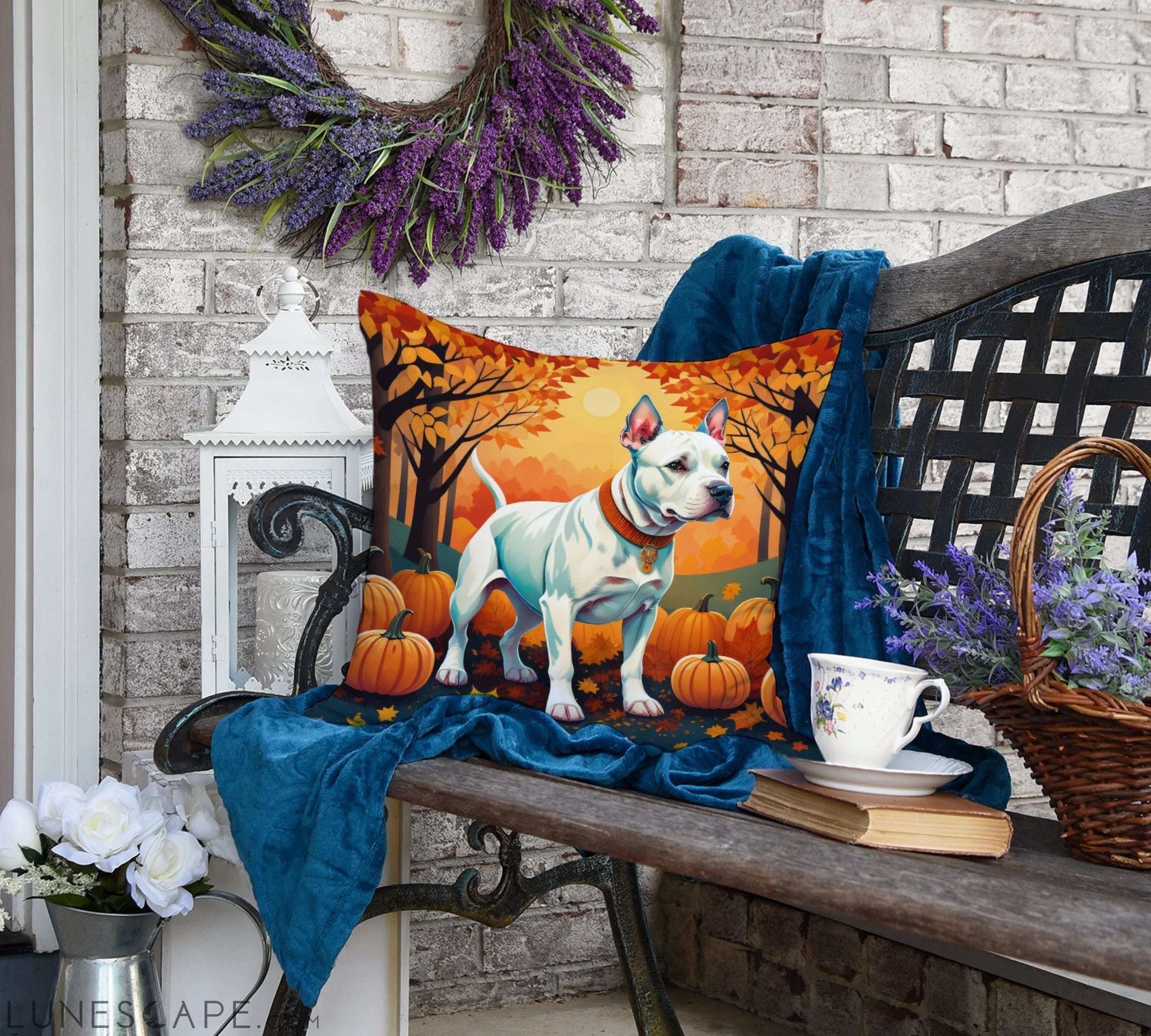 White Pit Bull Terrier Fall Throw Pillow LUNESCAPE