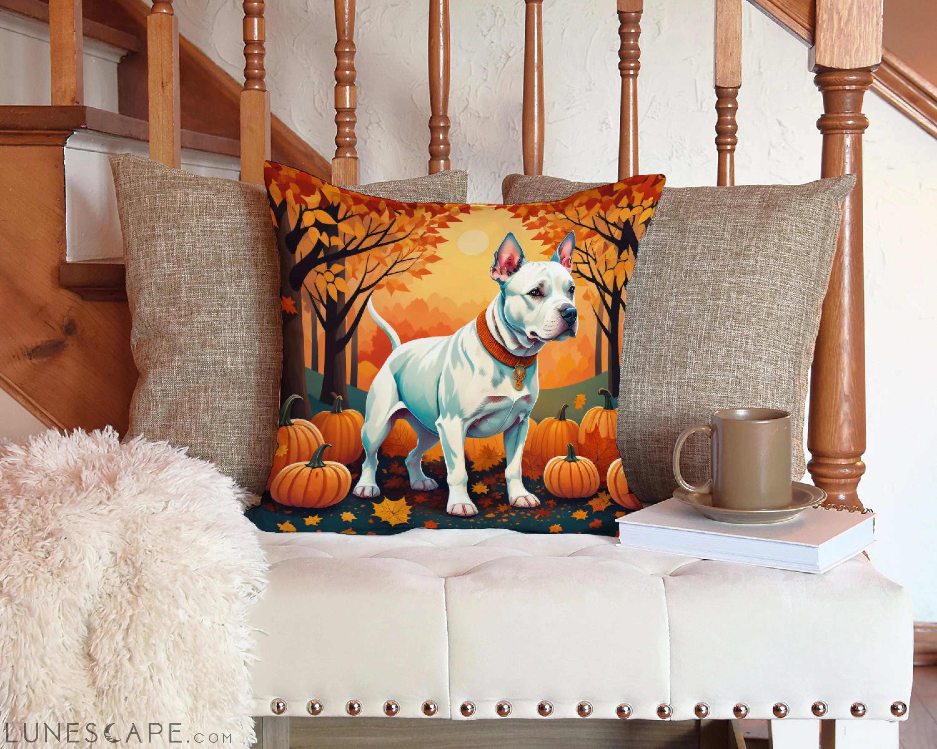 White Pit Bull Terrier Fall Throw Pillow LUNESCAPE