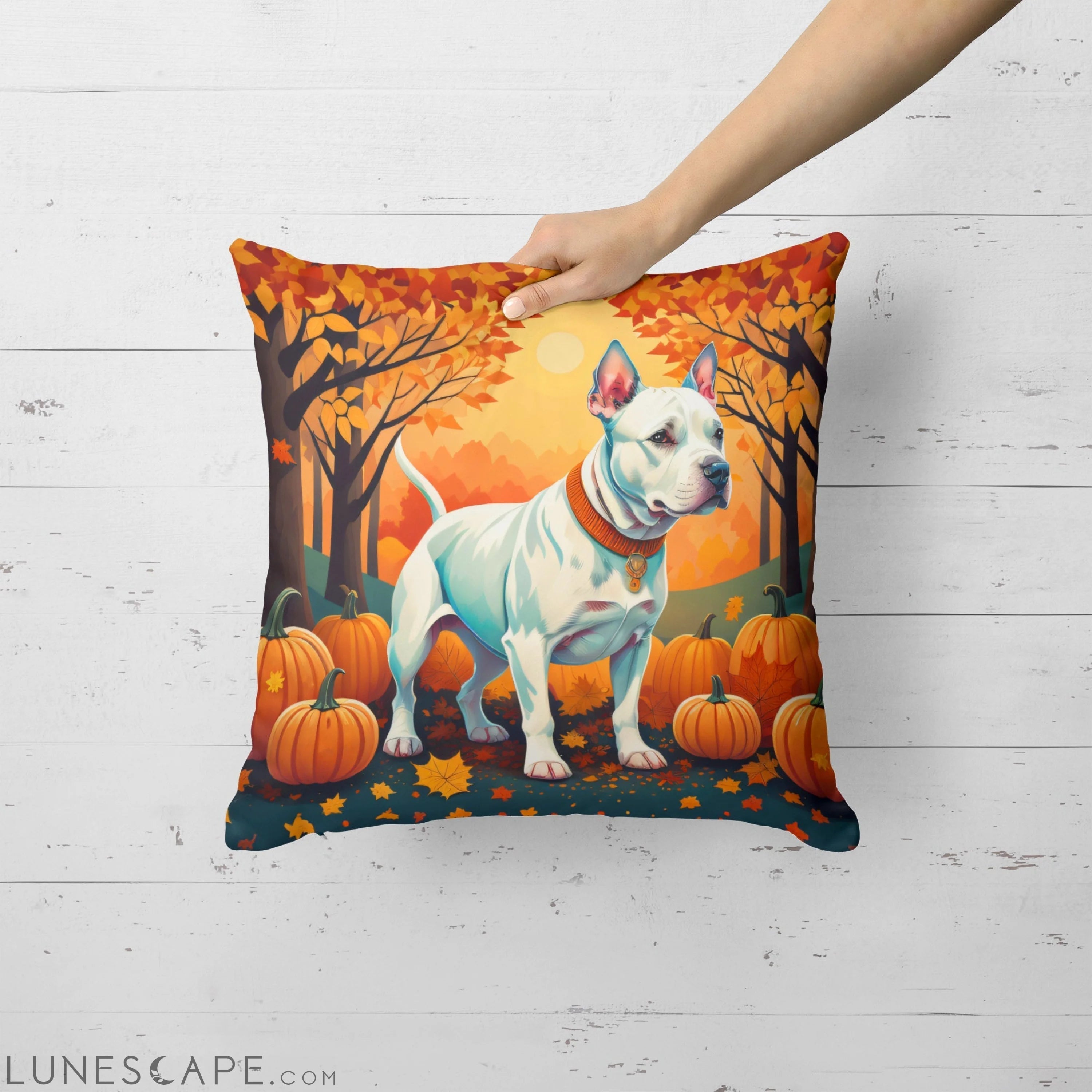 White Pit Bull Terrier Fall Throw Pillow LUNESCAPE