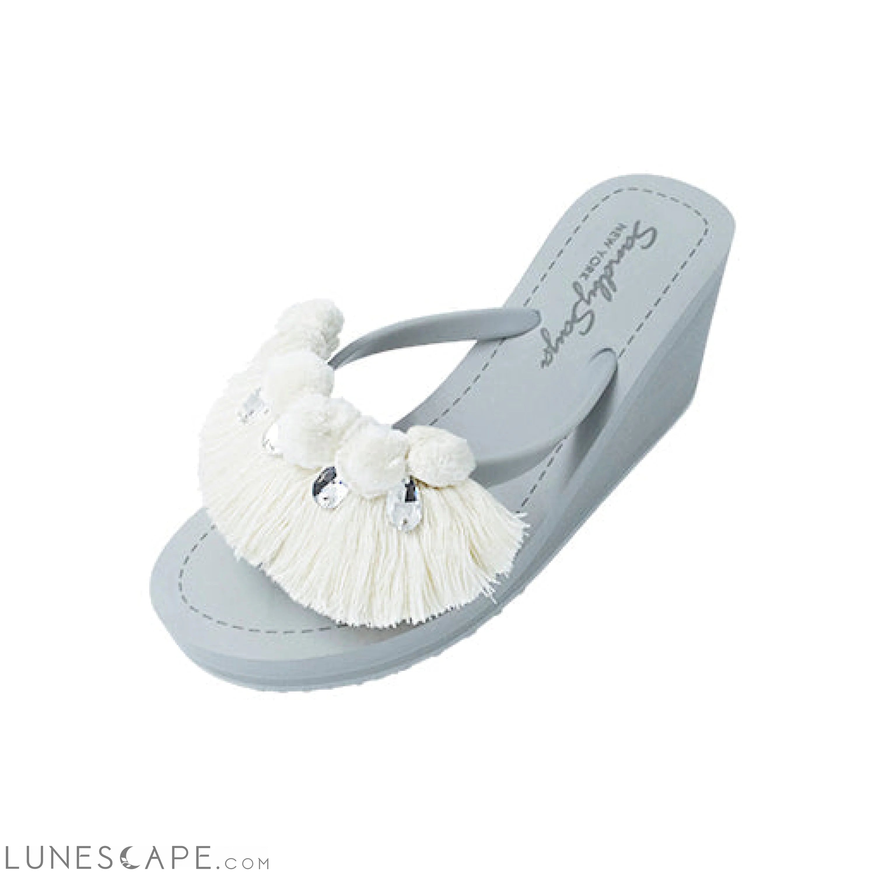 White Pom Pom Fringe - Women's High Wedge LUNESCAPE