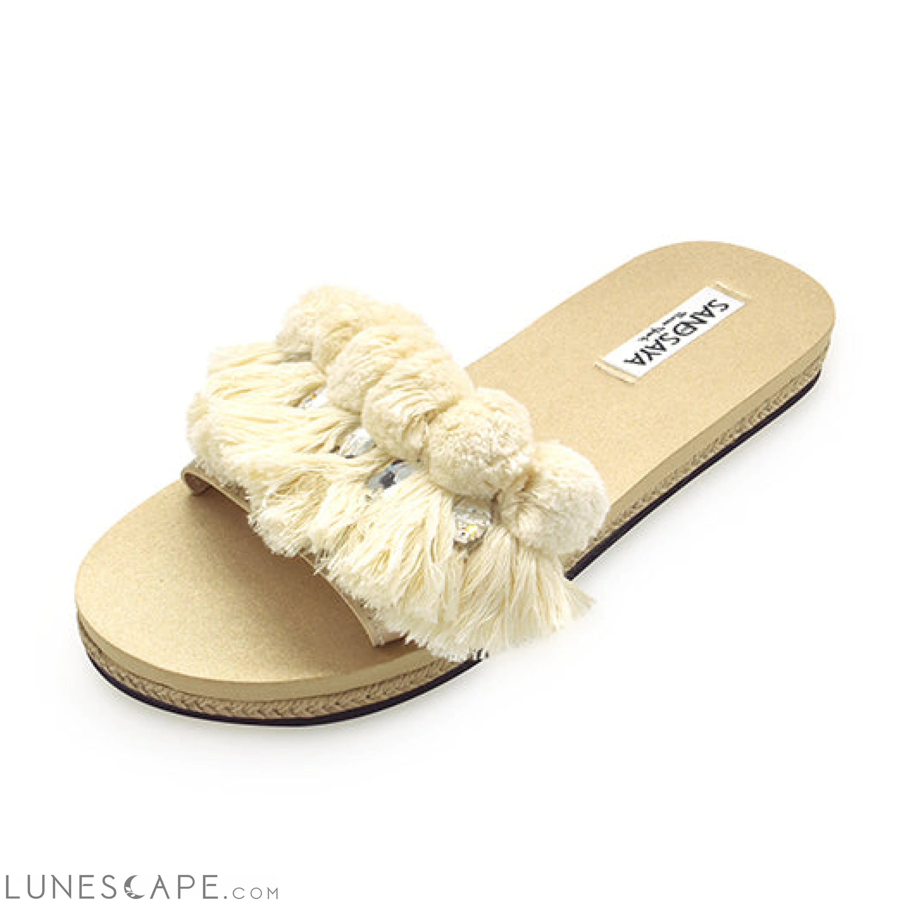 White Pompom Fringe - Waterproof Espadrille Flat LUNESCAPE