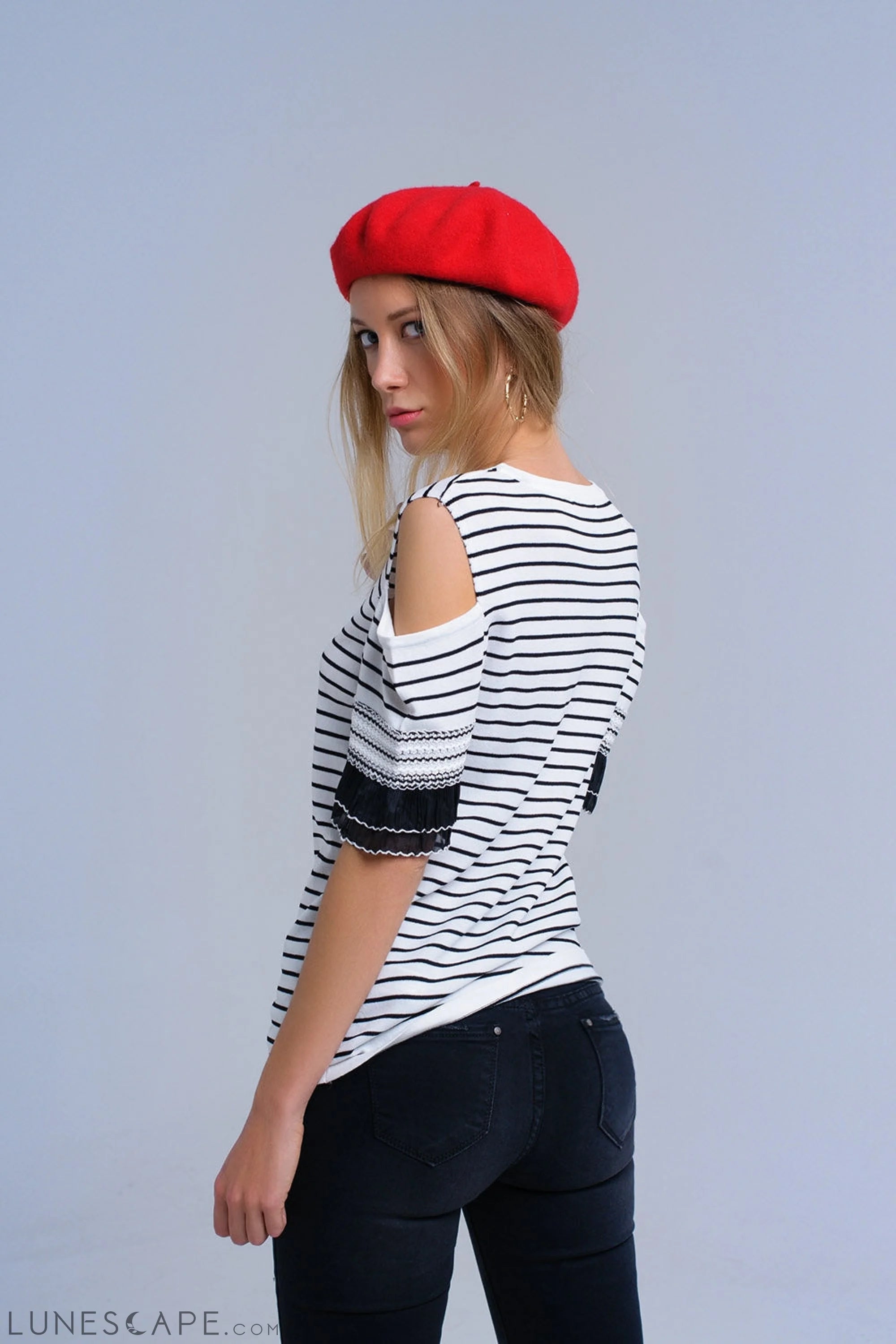 White Striped Knit Nautical Off-Shoulder Short Sleeve Womens Top With Embroidery LUNESCAPE