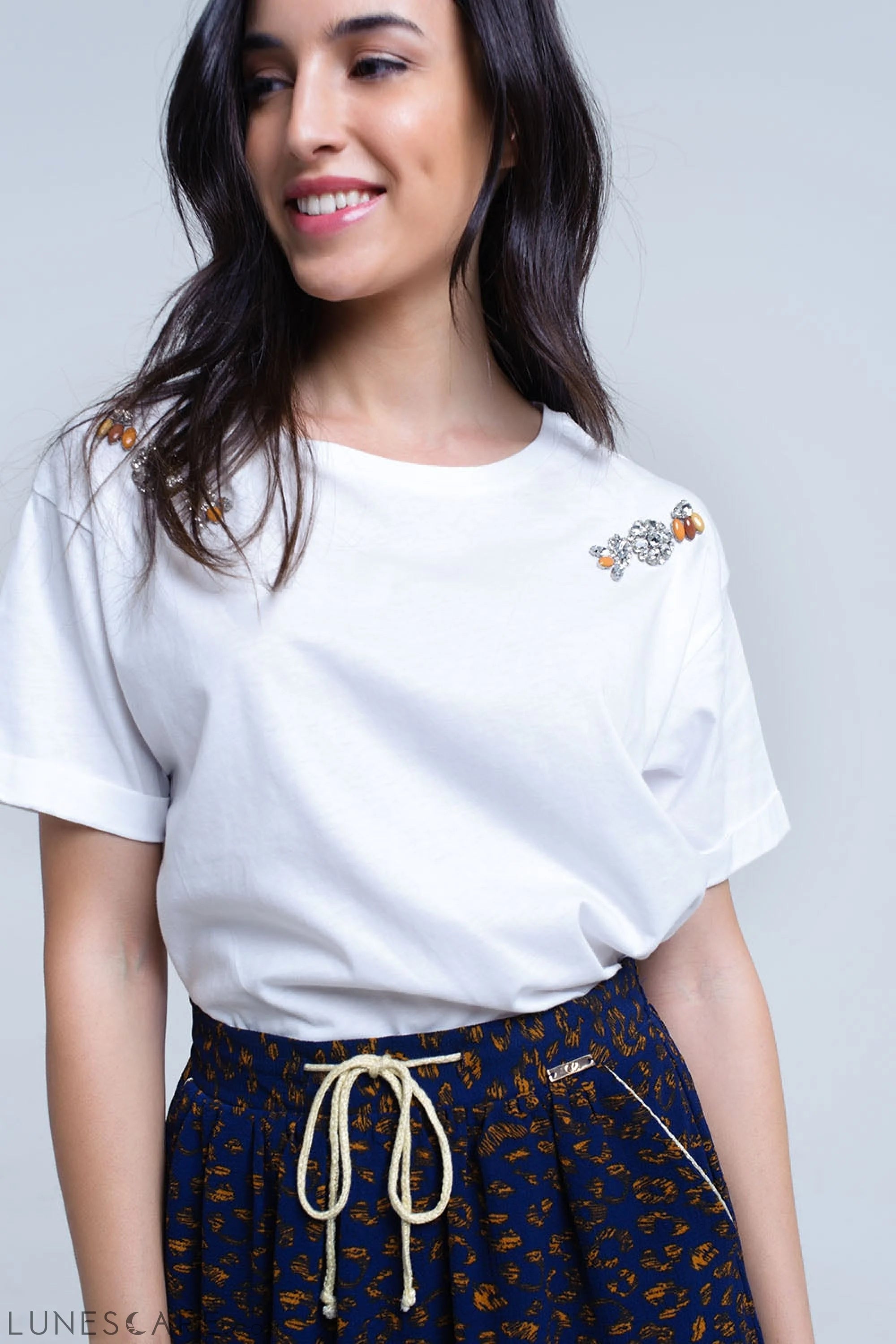 White T-Shirt With Crystal LUNESCAPE