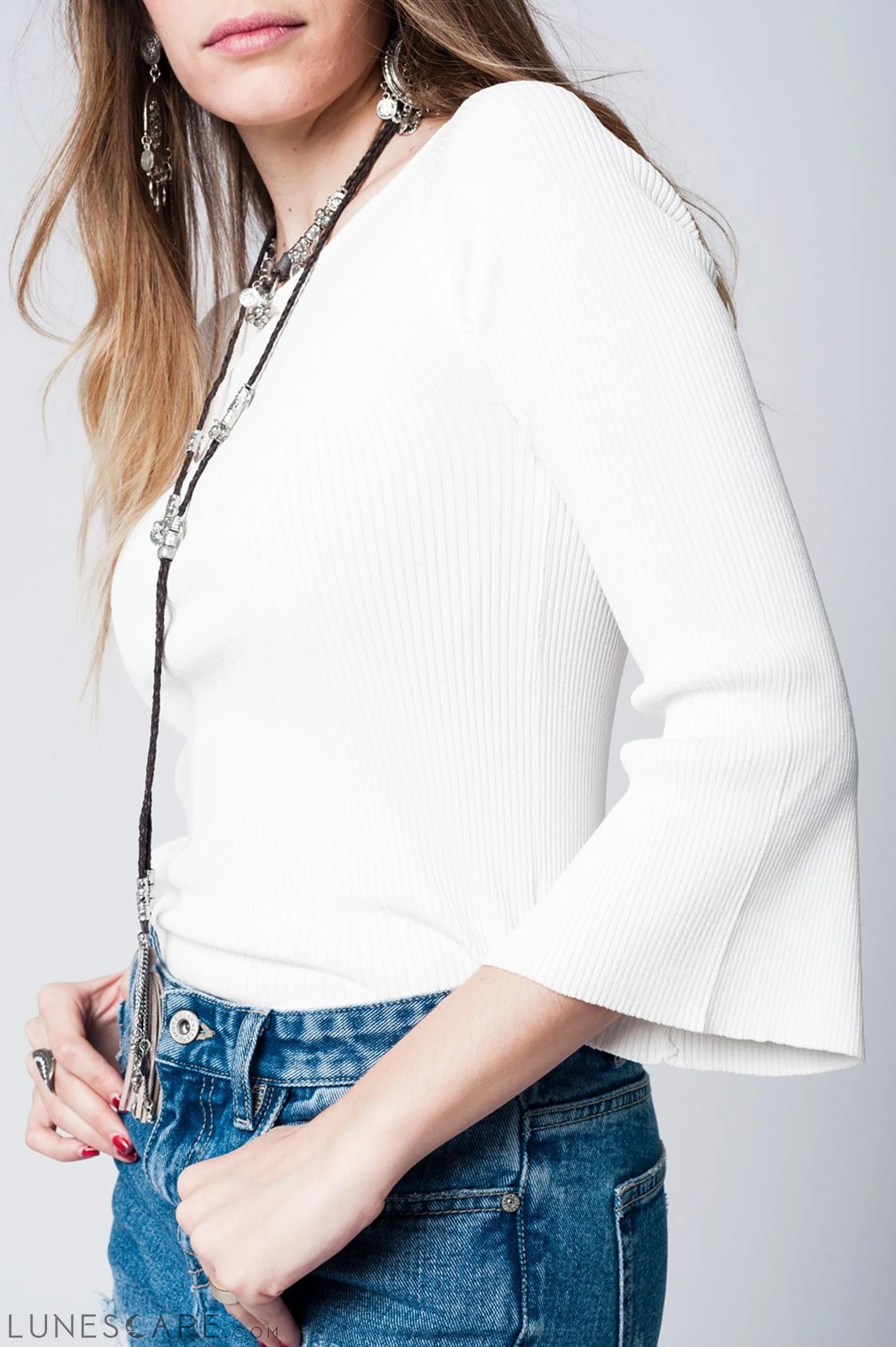 White Textured Knitted Sweater Sweaters - Women