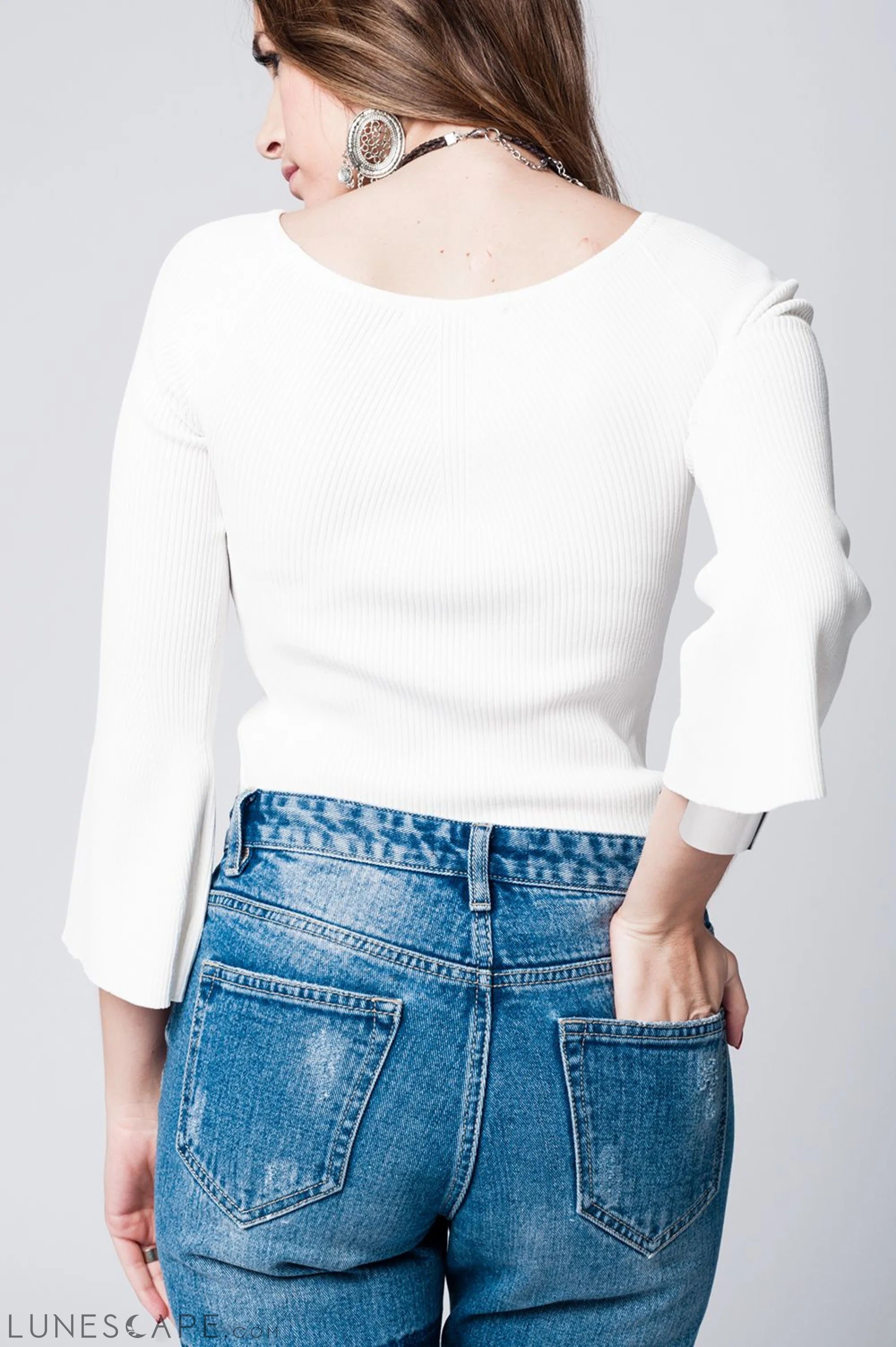 White Textured Knitted Sweater Sweaters - Women