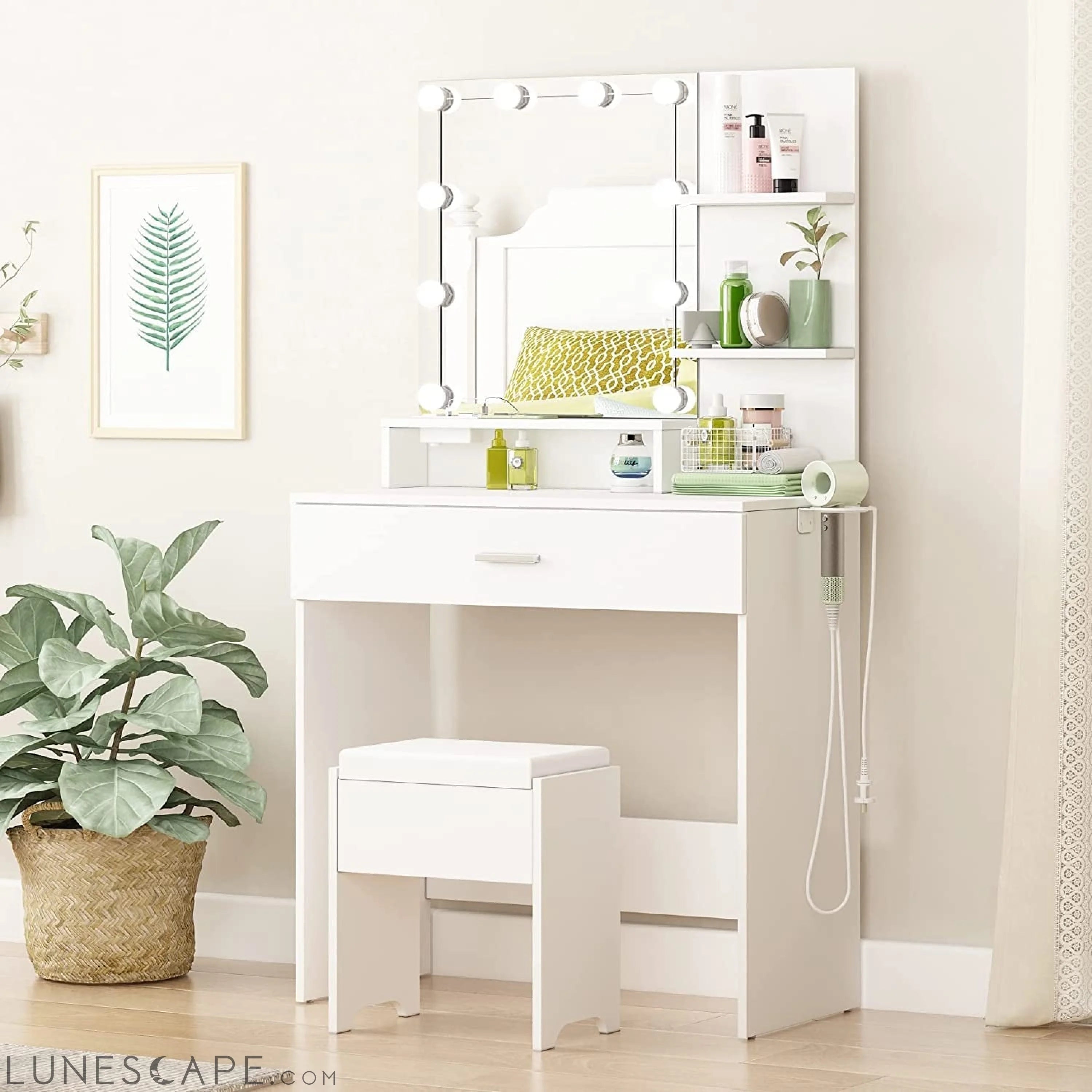 White Vanity Set with Lighted Mirror & Power LUNESCAPE