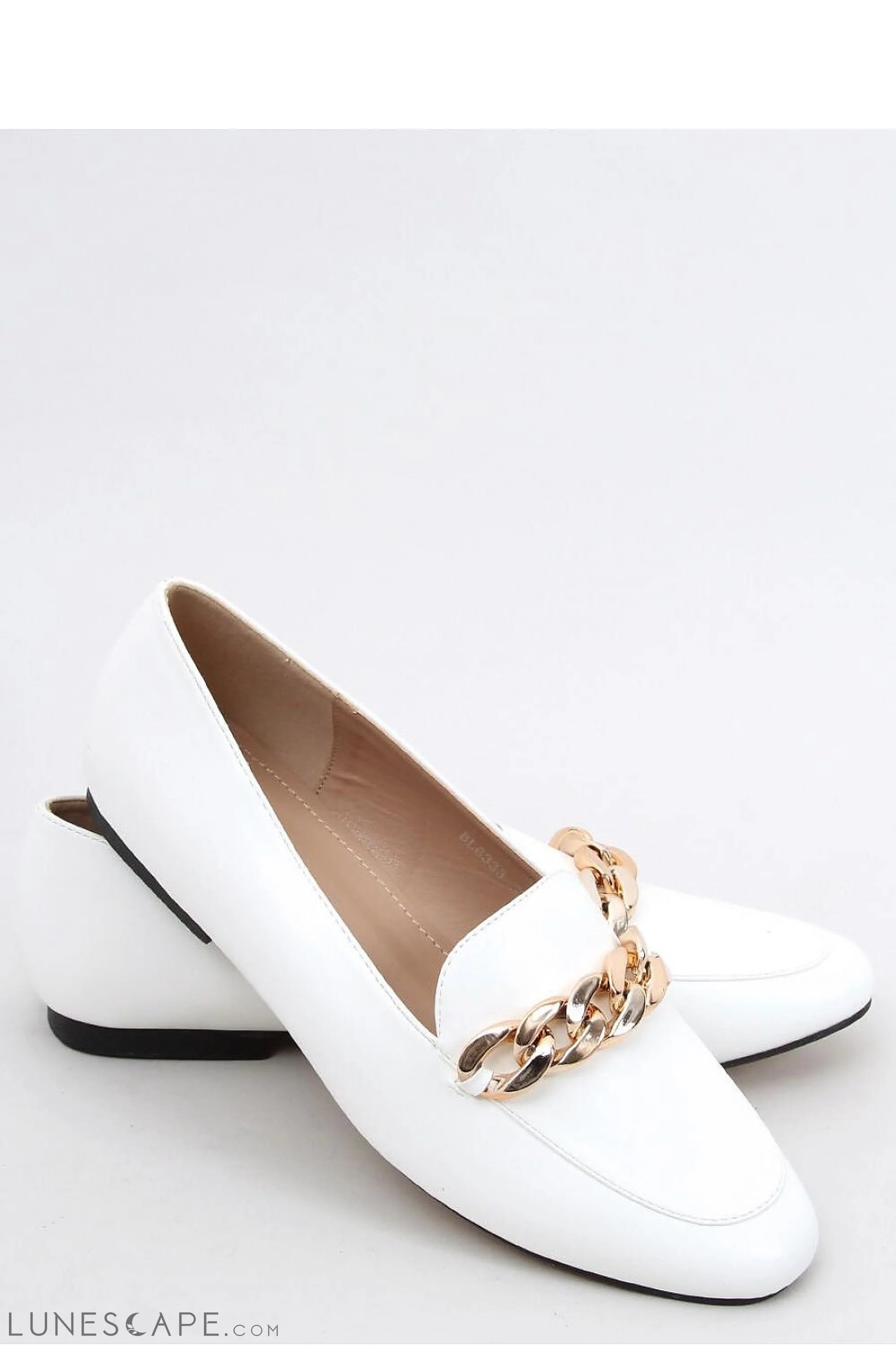 White Vegan Leather Chain Loafers with Gold Link Detail and Almond Toe LUNESCAPE