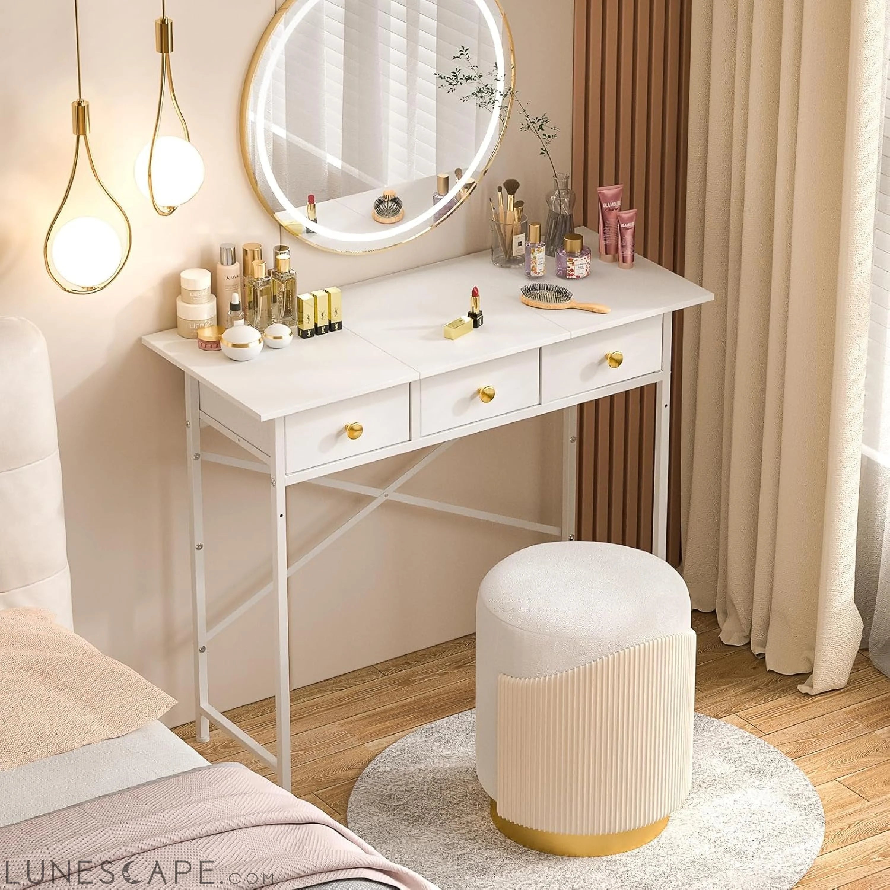 White Writing Desk with 3 Drawers for Bedroom, 37.2 Inch Small LUNESCAPE