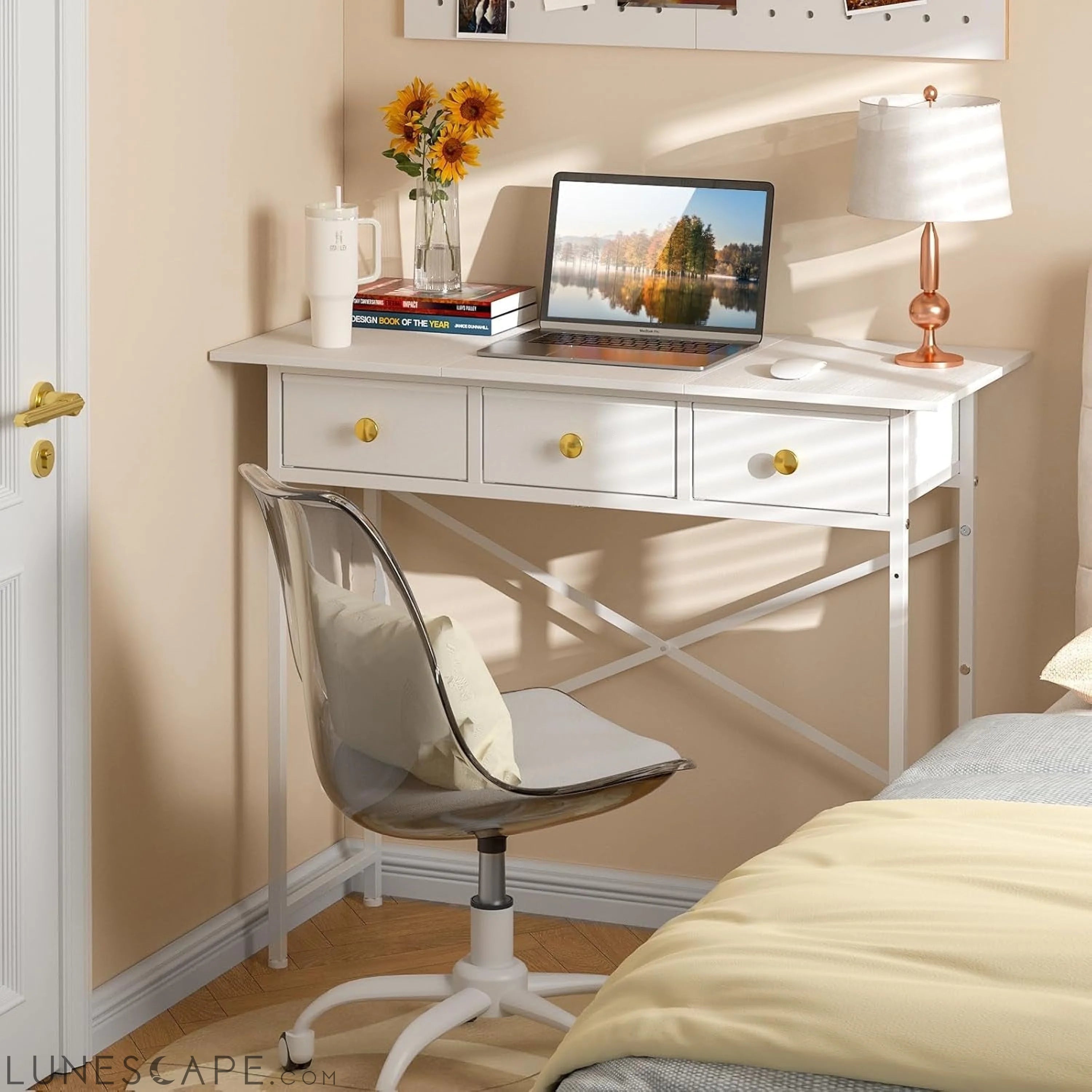 White Writing Desk with 3 Drawers for Bedroom, 37.2 Inch Small LUNESCAPE