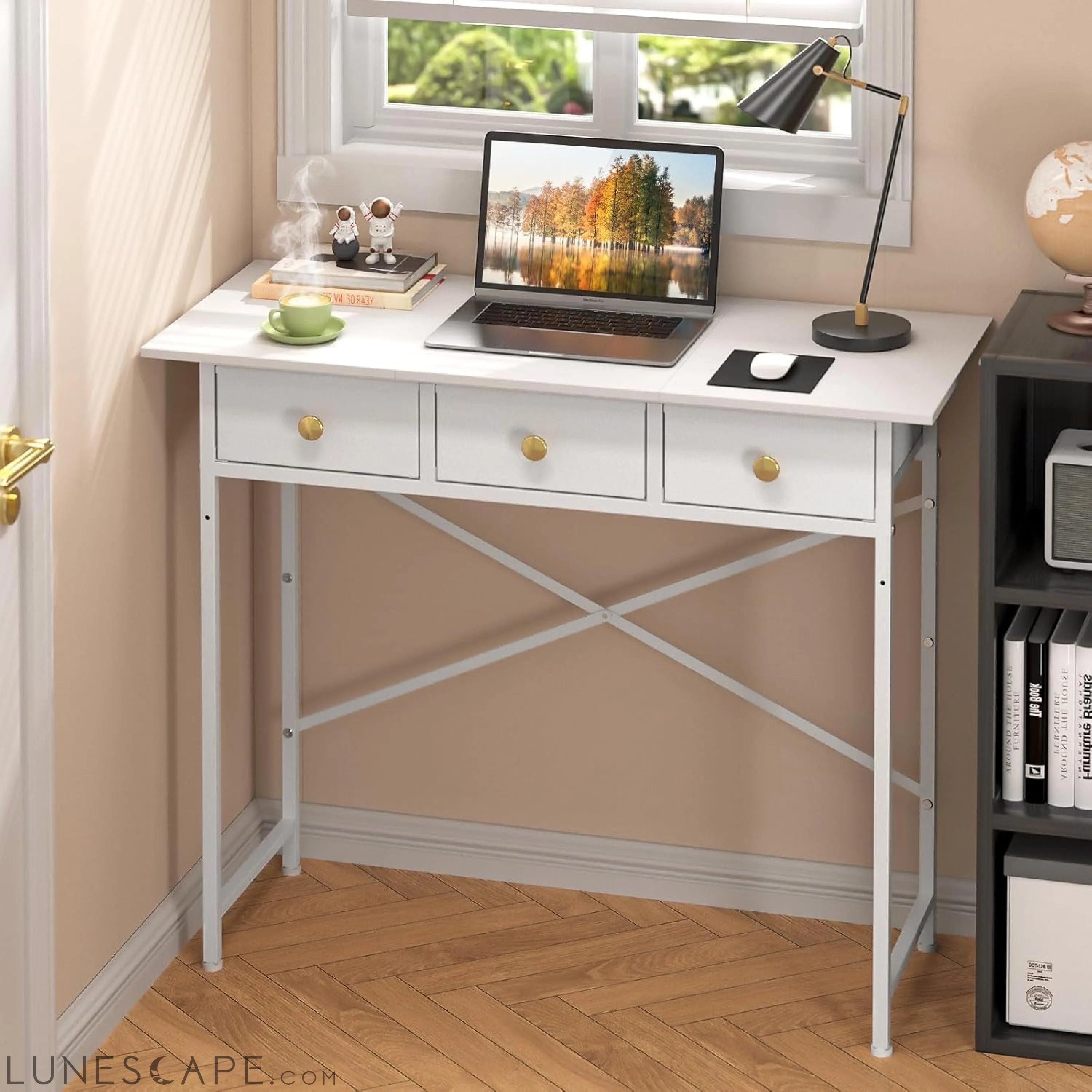 White Writing Desk with 3 Drawers for Bedroom, 37.2 Inch Small LUNESCAPE