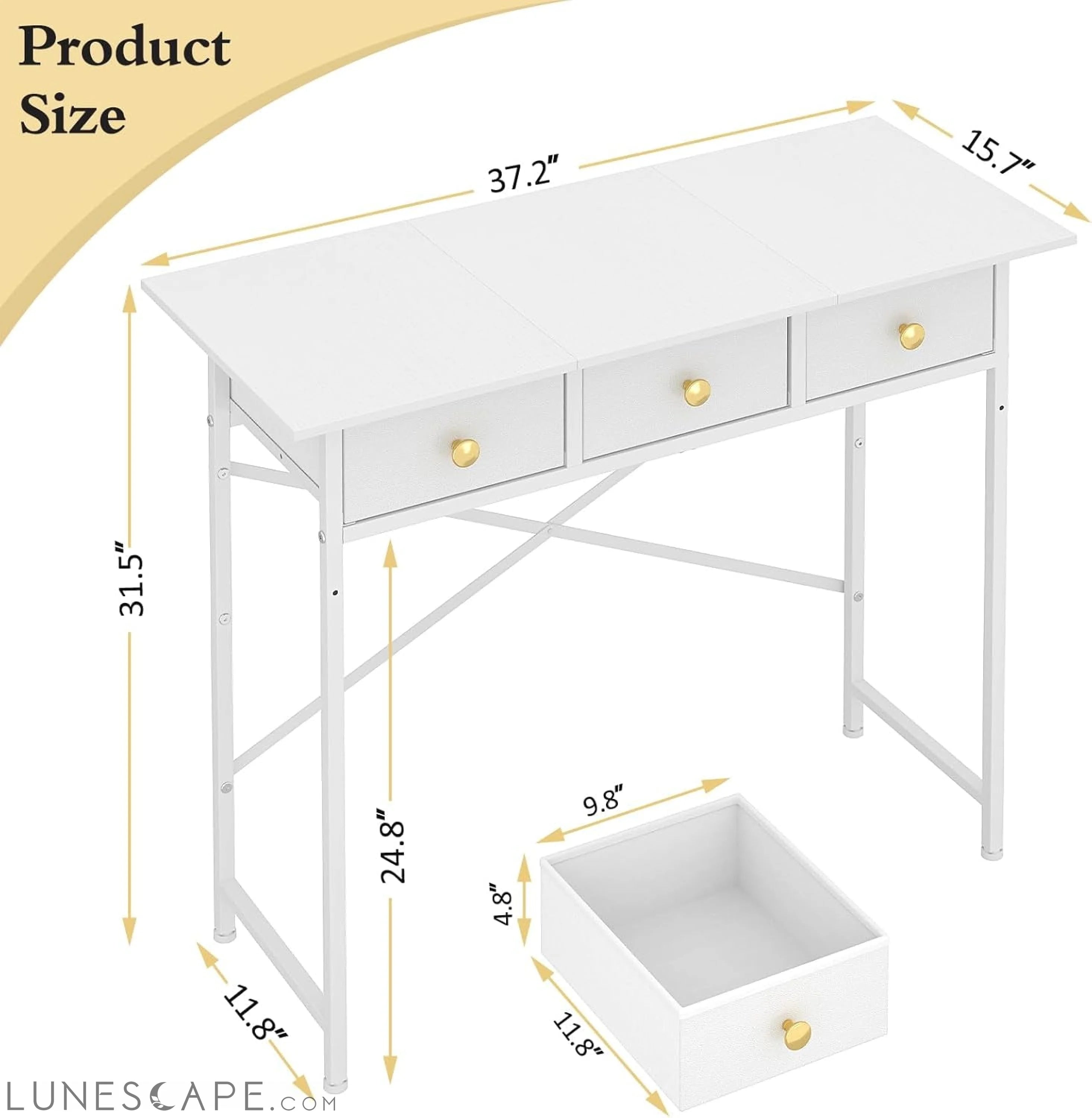 White Writing Desk with 3 Drawers for Bedroom, 37.2 Inch Small LUNESCAPE