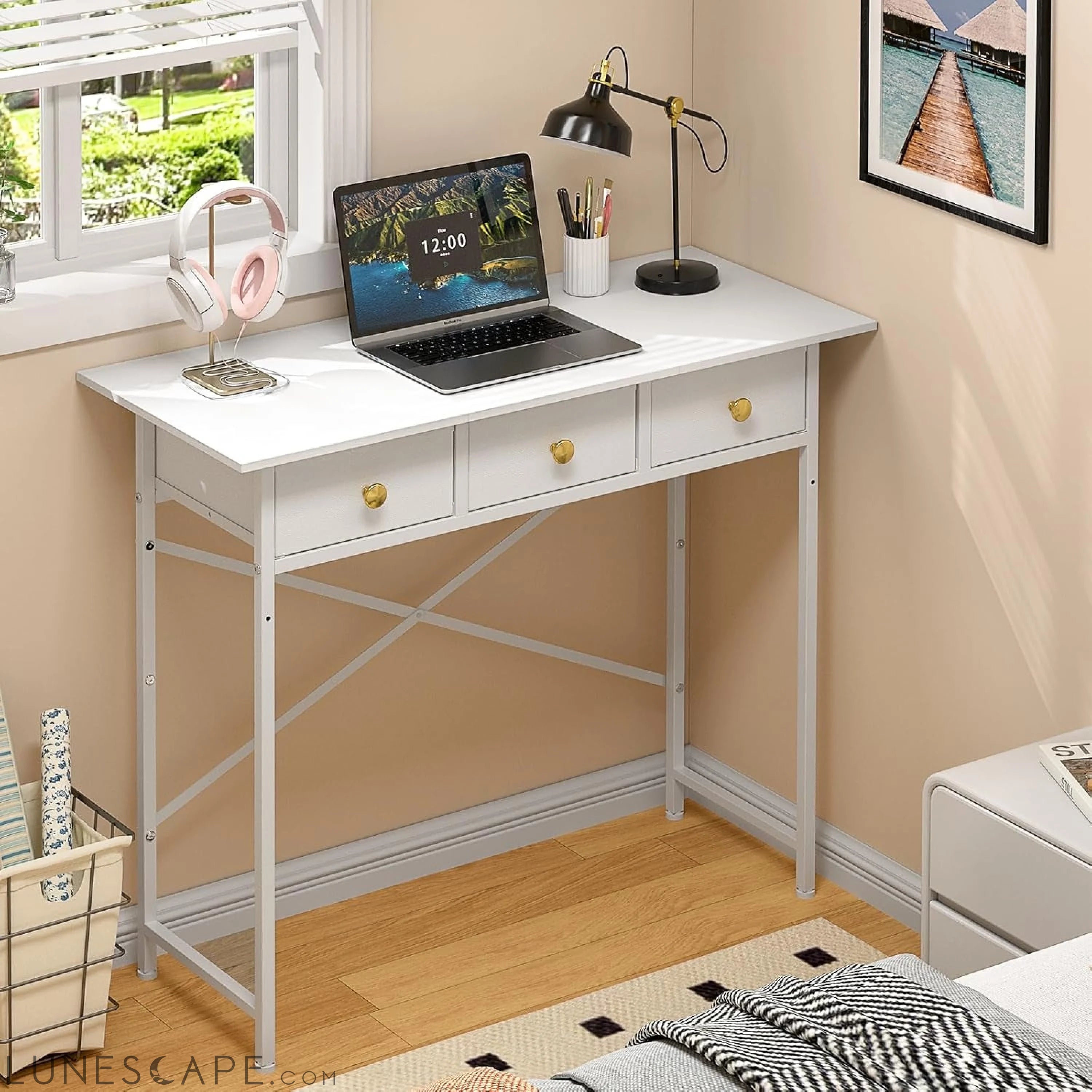 White Writing Desk with 3 Drawers for Bedroom, 37.2 Inch Small LUNESCAPE