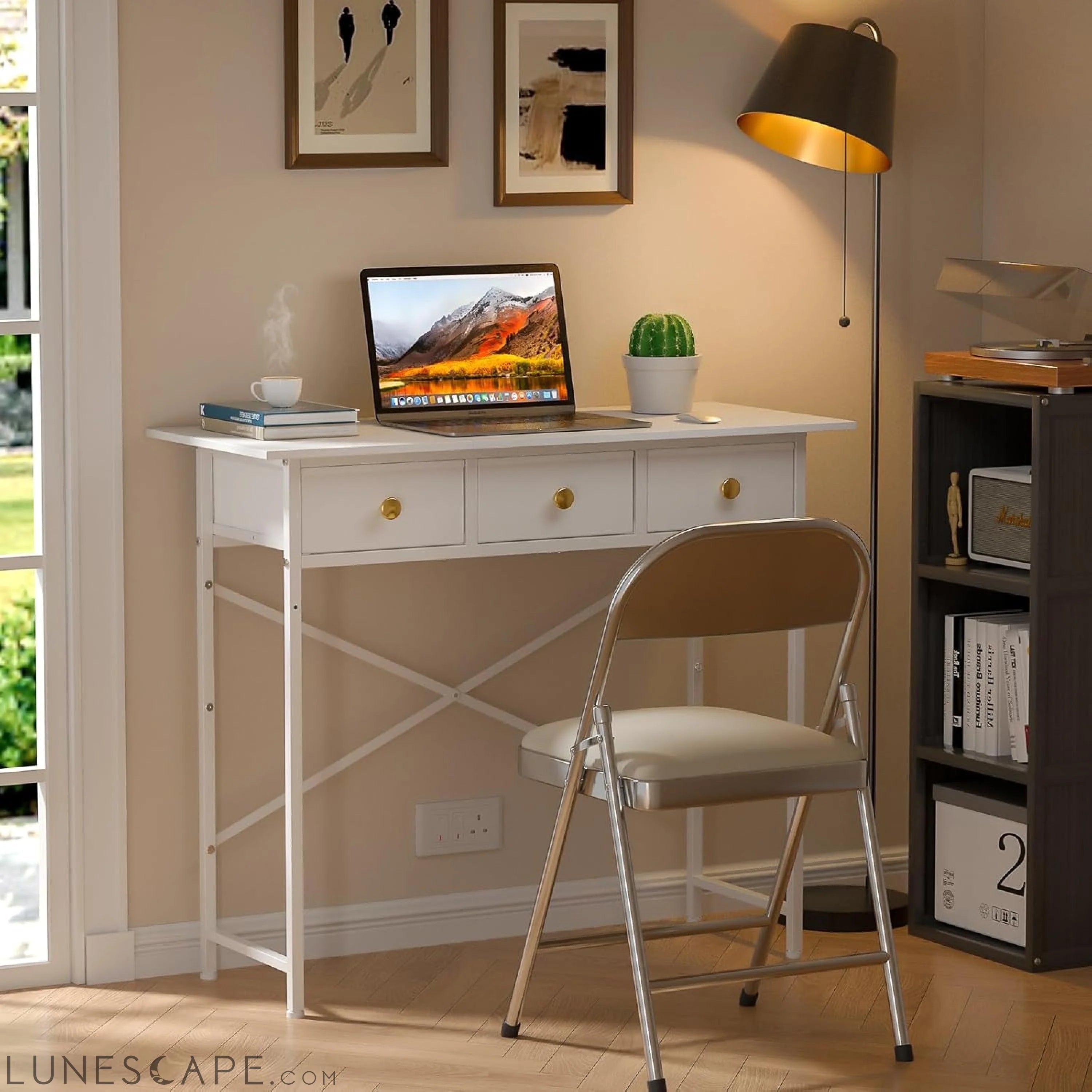 White Writing Desk with 3 Drawers for Bedroom, 37.2 Inch Small LUNESCAPE
