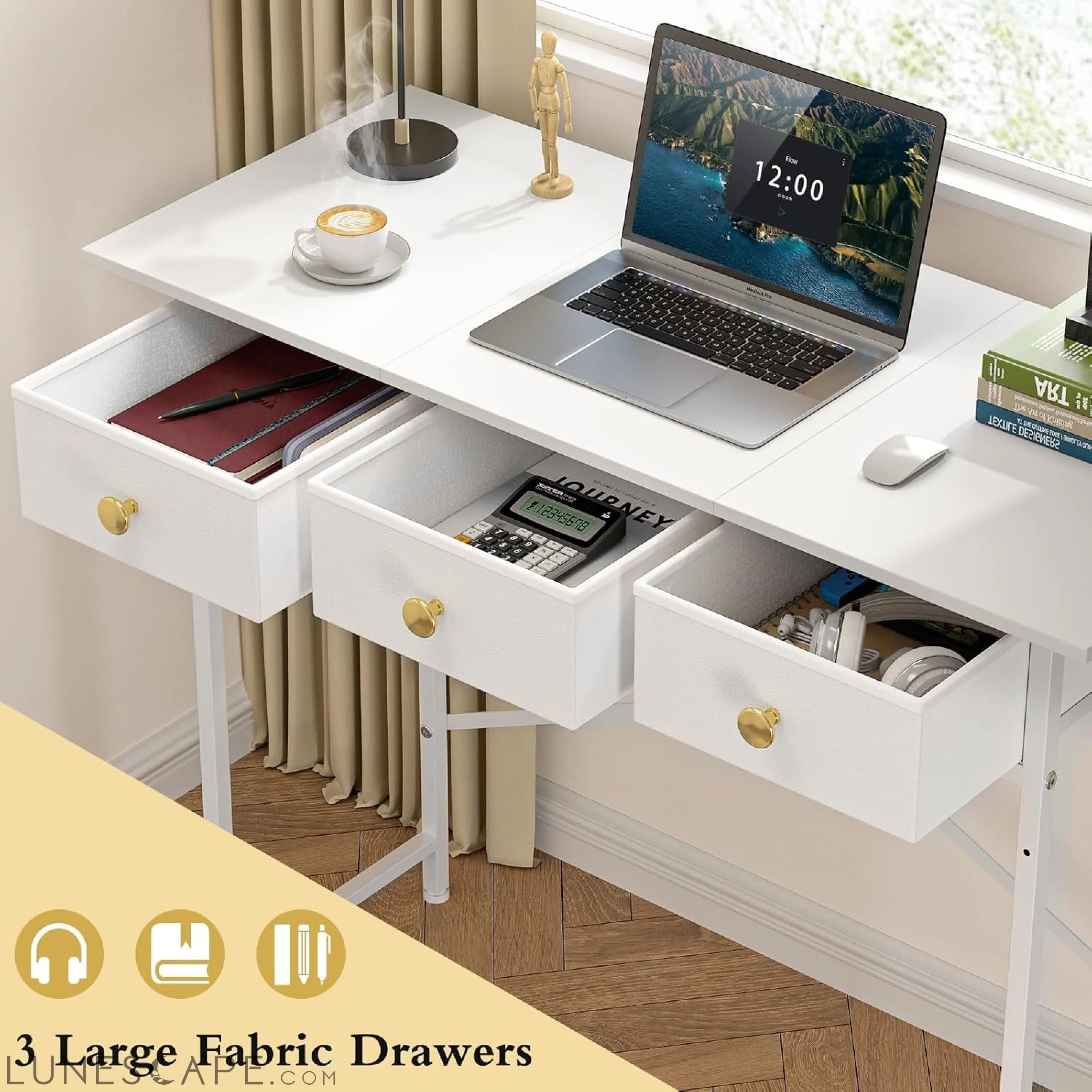 White Writing Desk with 3 Drawers for Bedroom, 37.2 Inch Small LUNESCAPE