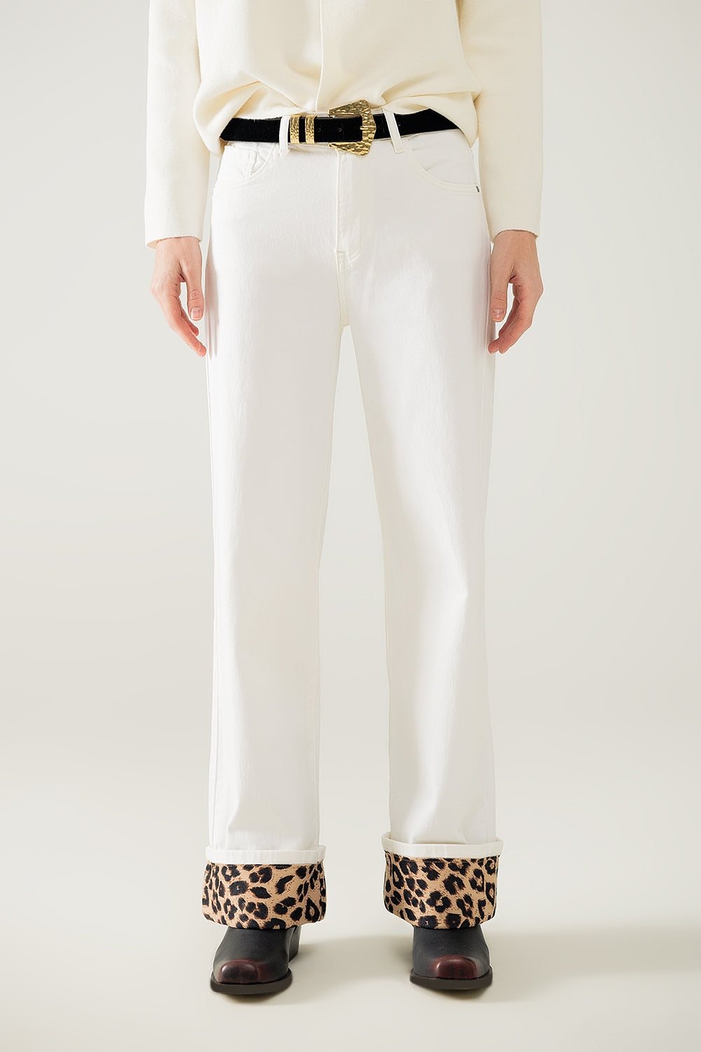 Wide Leg Cream Pants With Leopard Print at the Bottom LUNESCAPE
