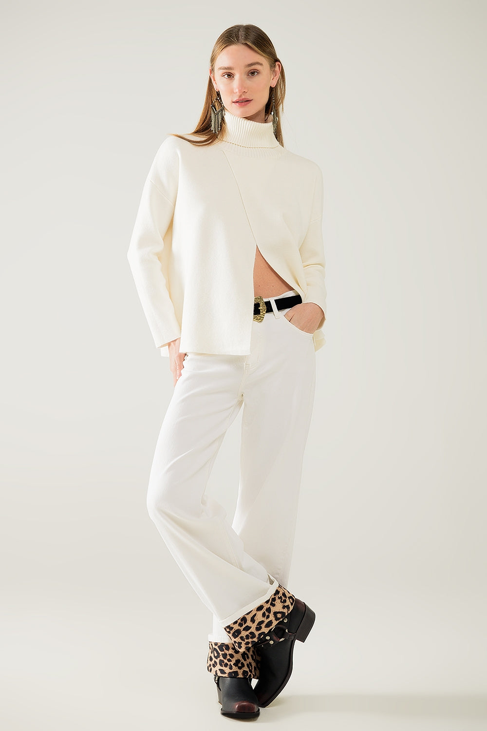 Wide Leg Cream Pants With Leopard Print at the Bottom LUNESCAPE