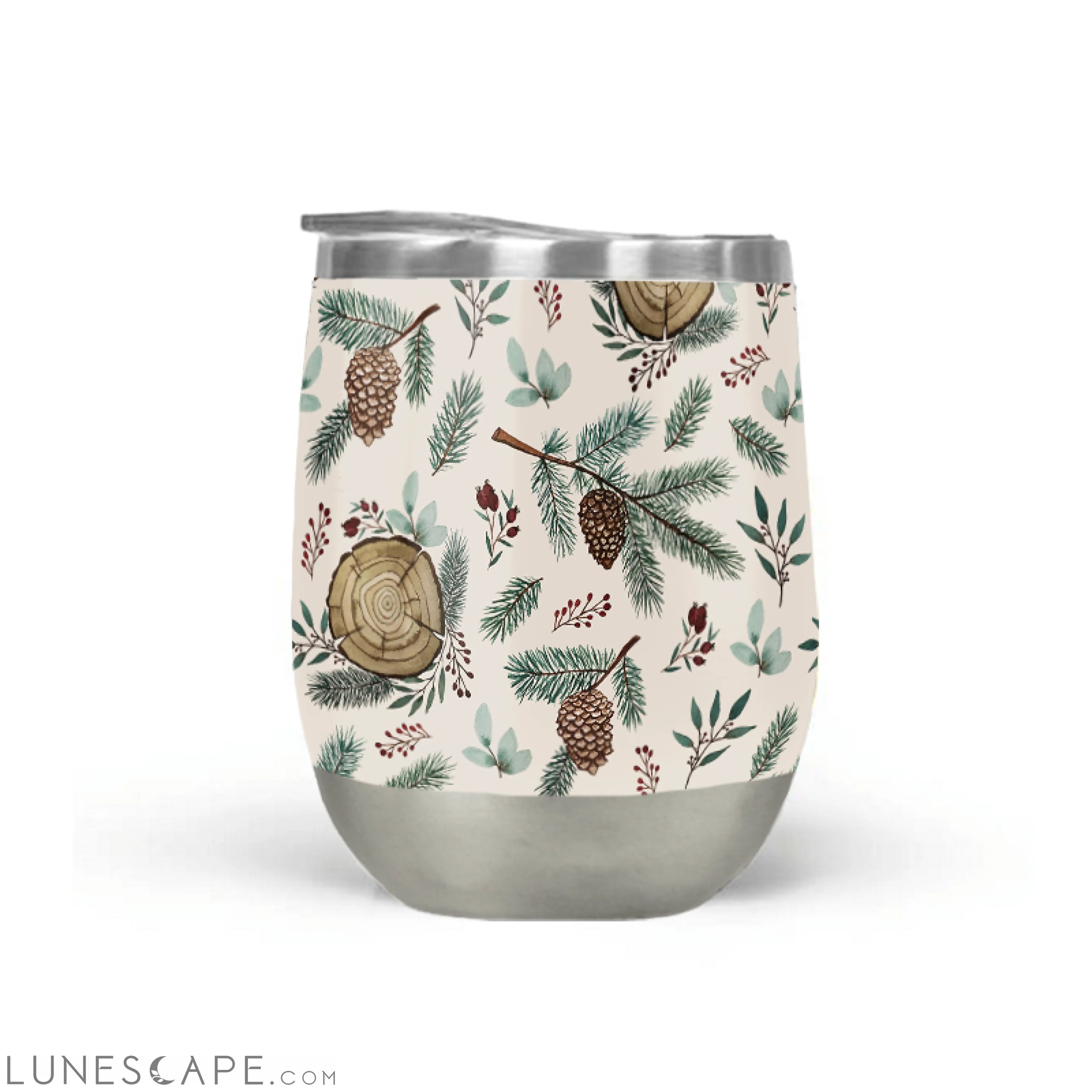 Winter Branches, Berries & Pine Cones Stemless Wine Tumbler LUNESCAPE