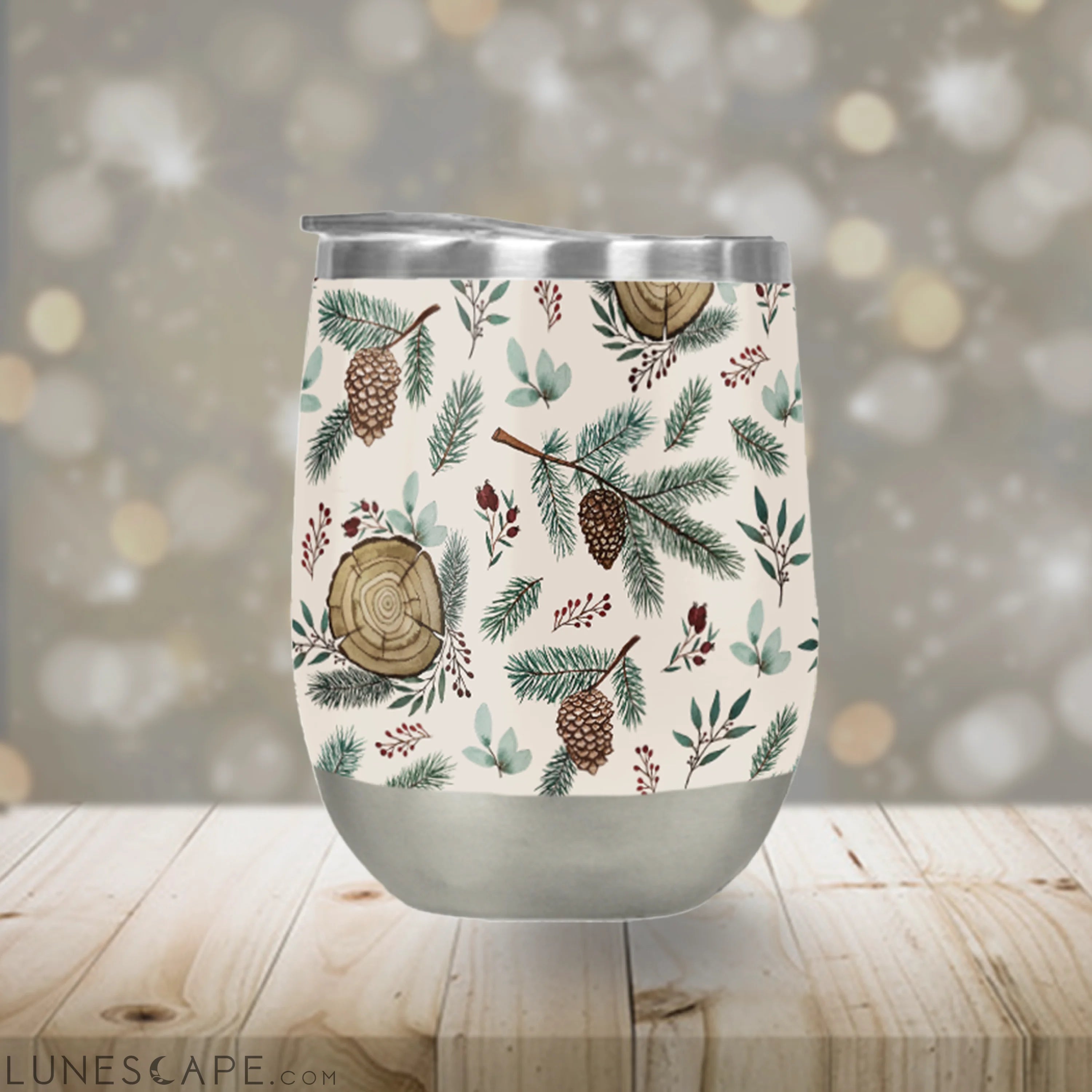 Winter Branches, Berries & Pine Cones Stemless Wine Tumbler LUNESCAPE
