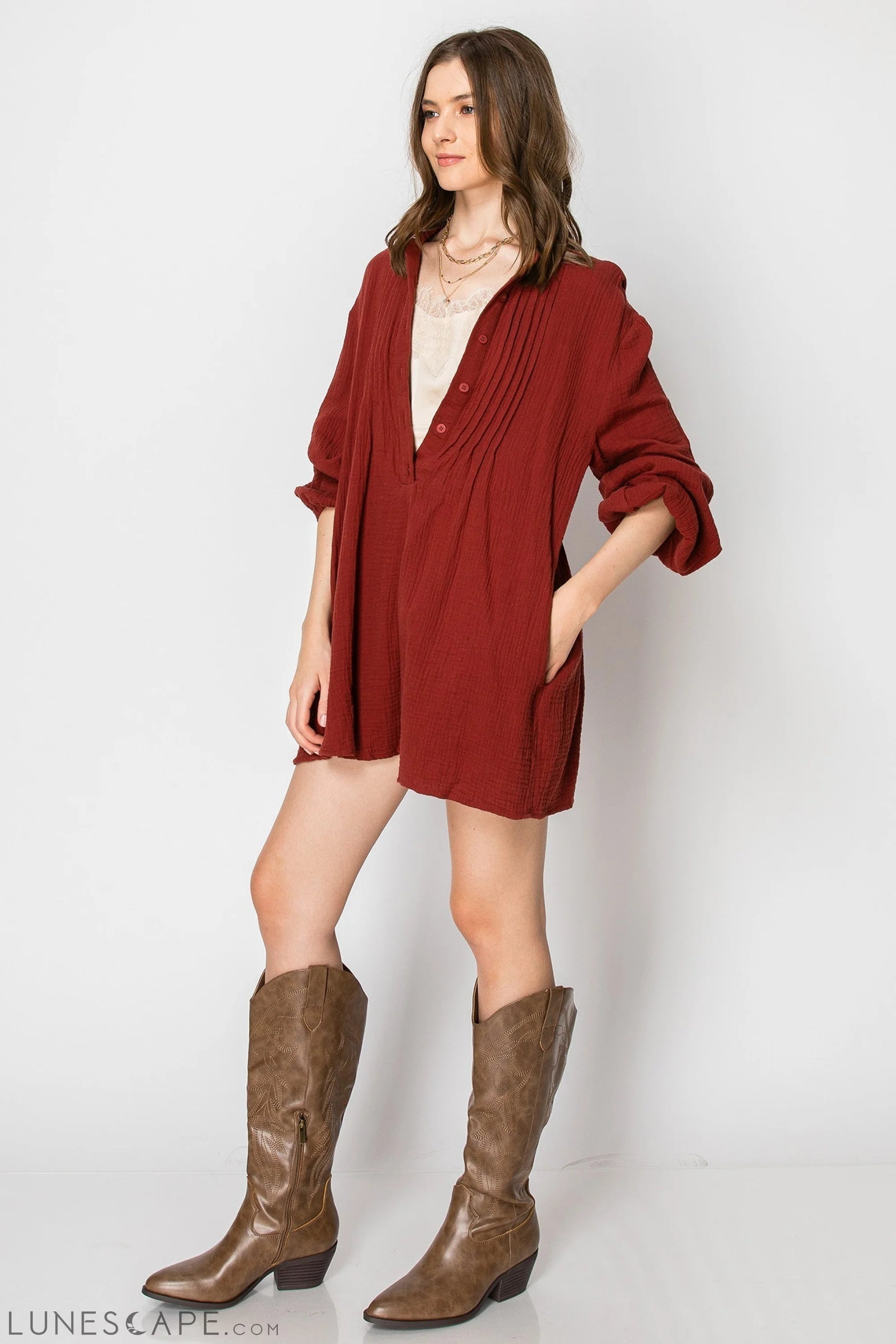 Woman's Long Sleeve Button Down Casual Romper With Pockets LUNESCAPE
