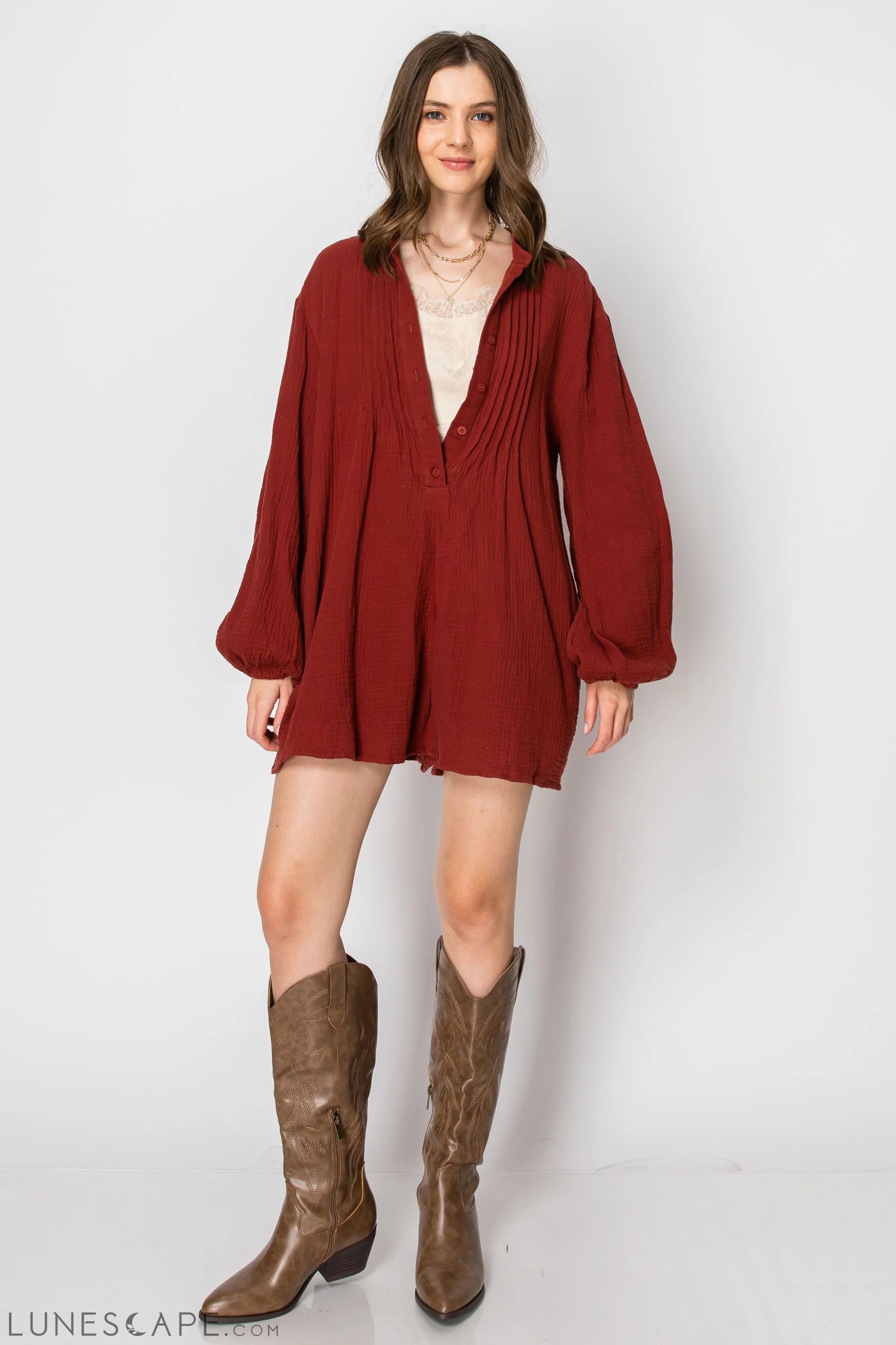Woman's Long Sleeve Button Down Casual Romper With Pockets LUNESCAPE