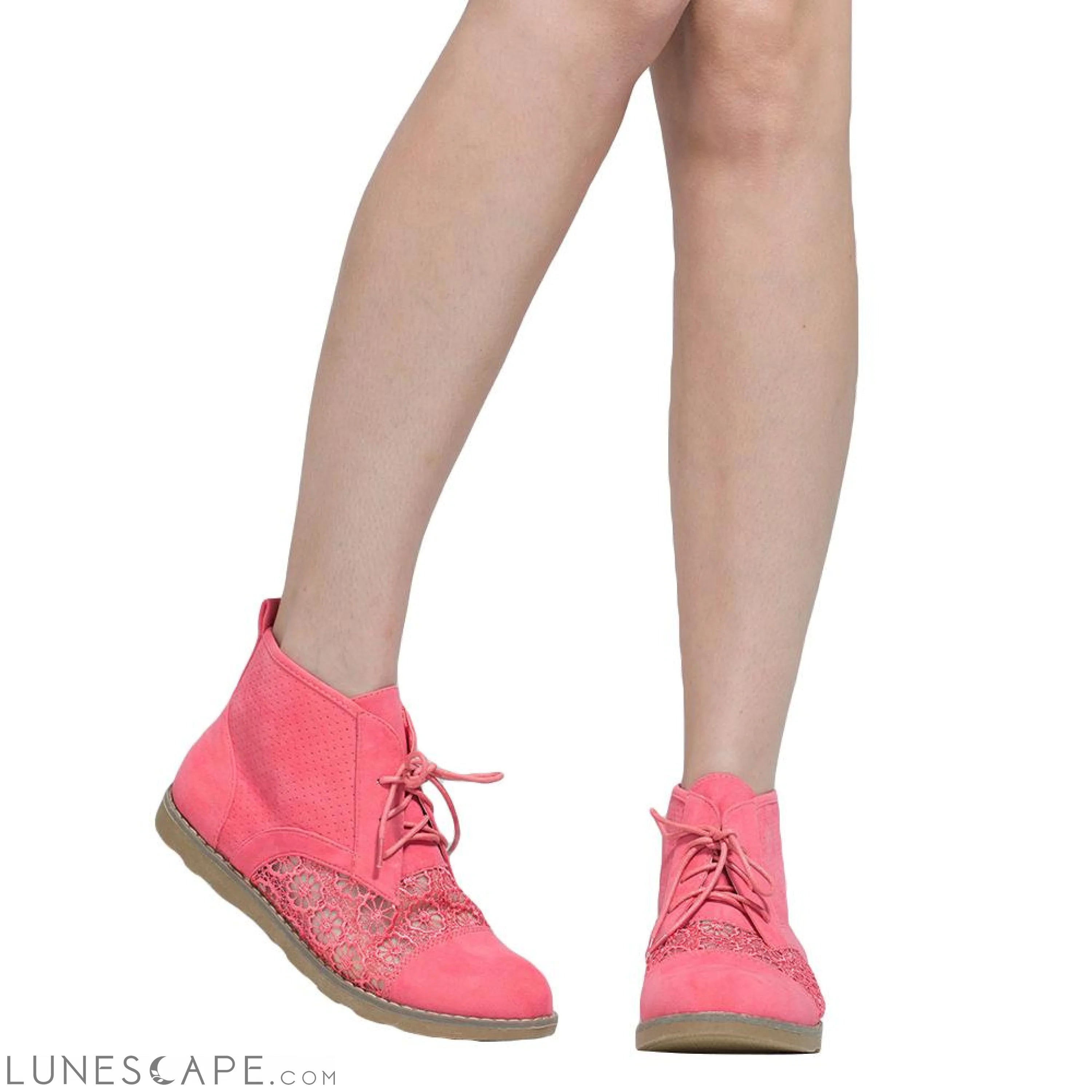 Women's Booties Embroidered Flower Lace Up Oxford Pink LUNESCAPE