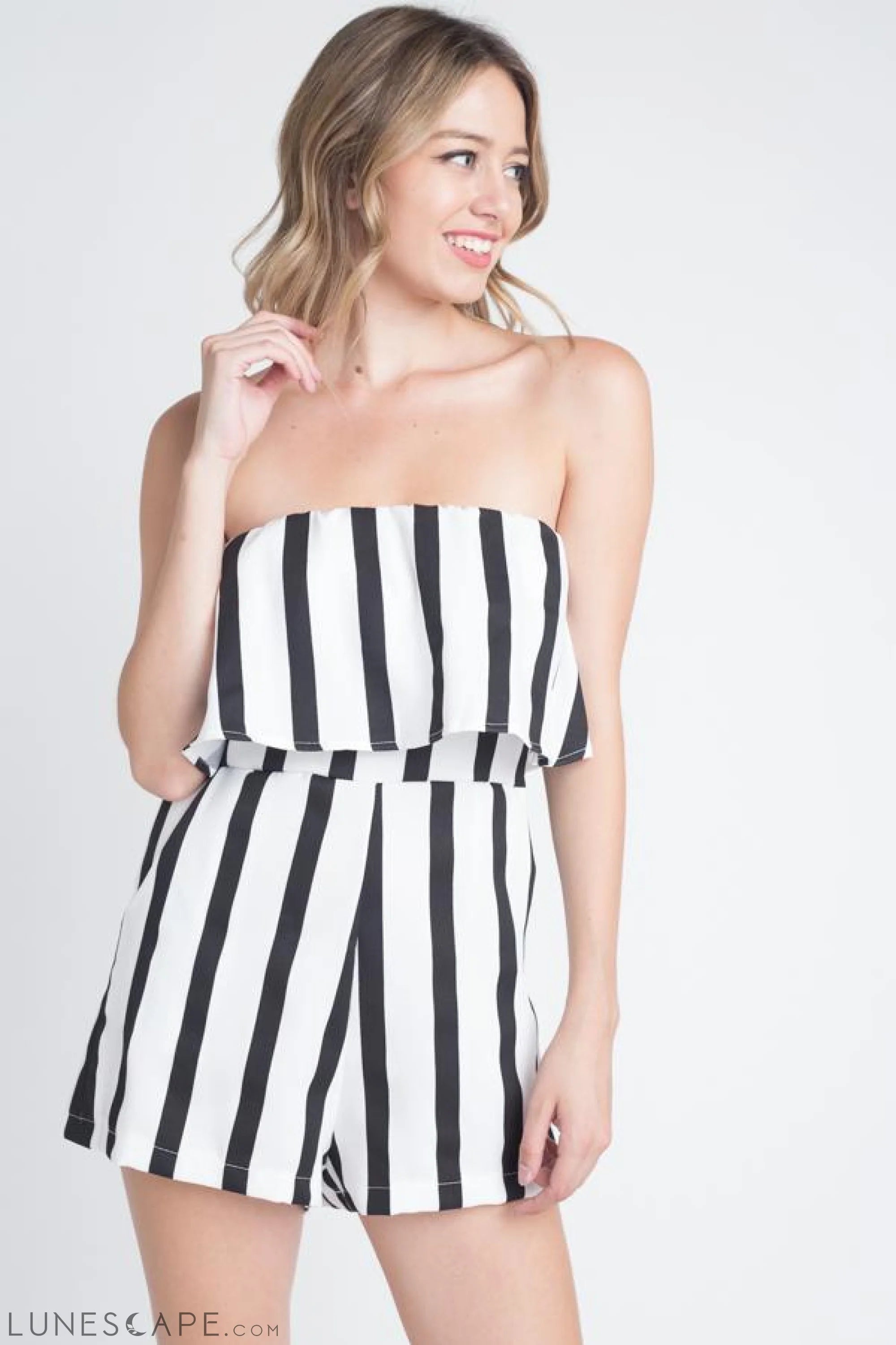 Women's Strapless Stripe Pocket Romper LUNESCAPE
