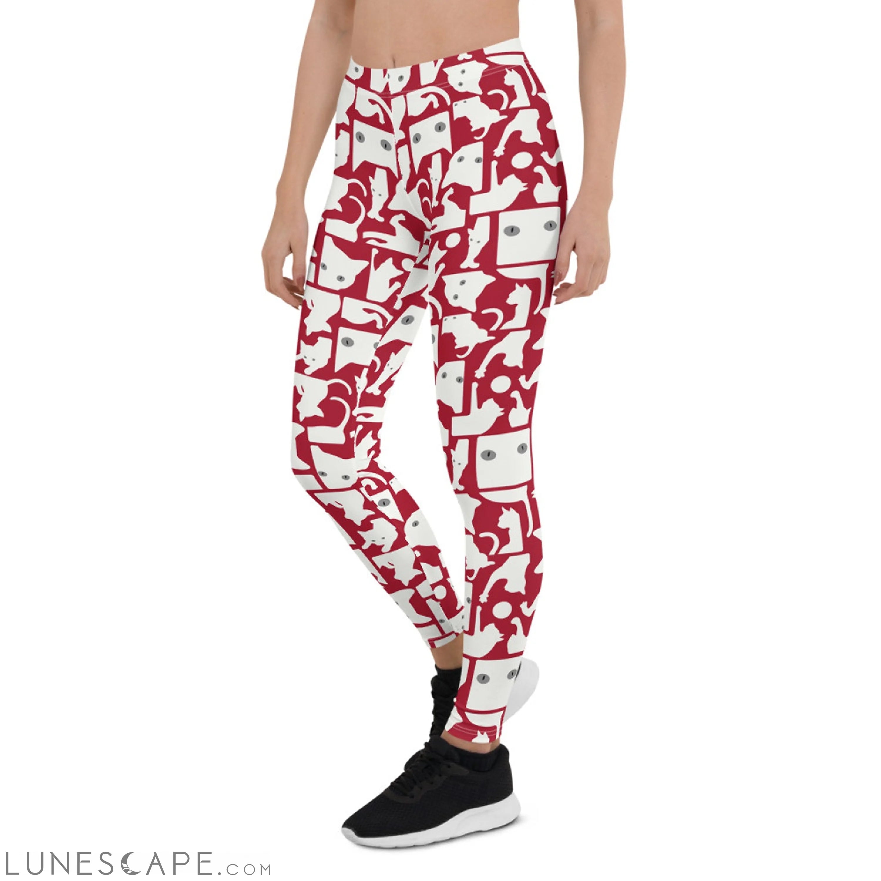Womens White Cat Silhouette on Red Leggings Leggings
