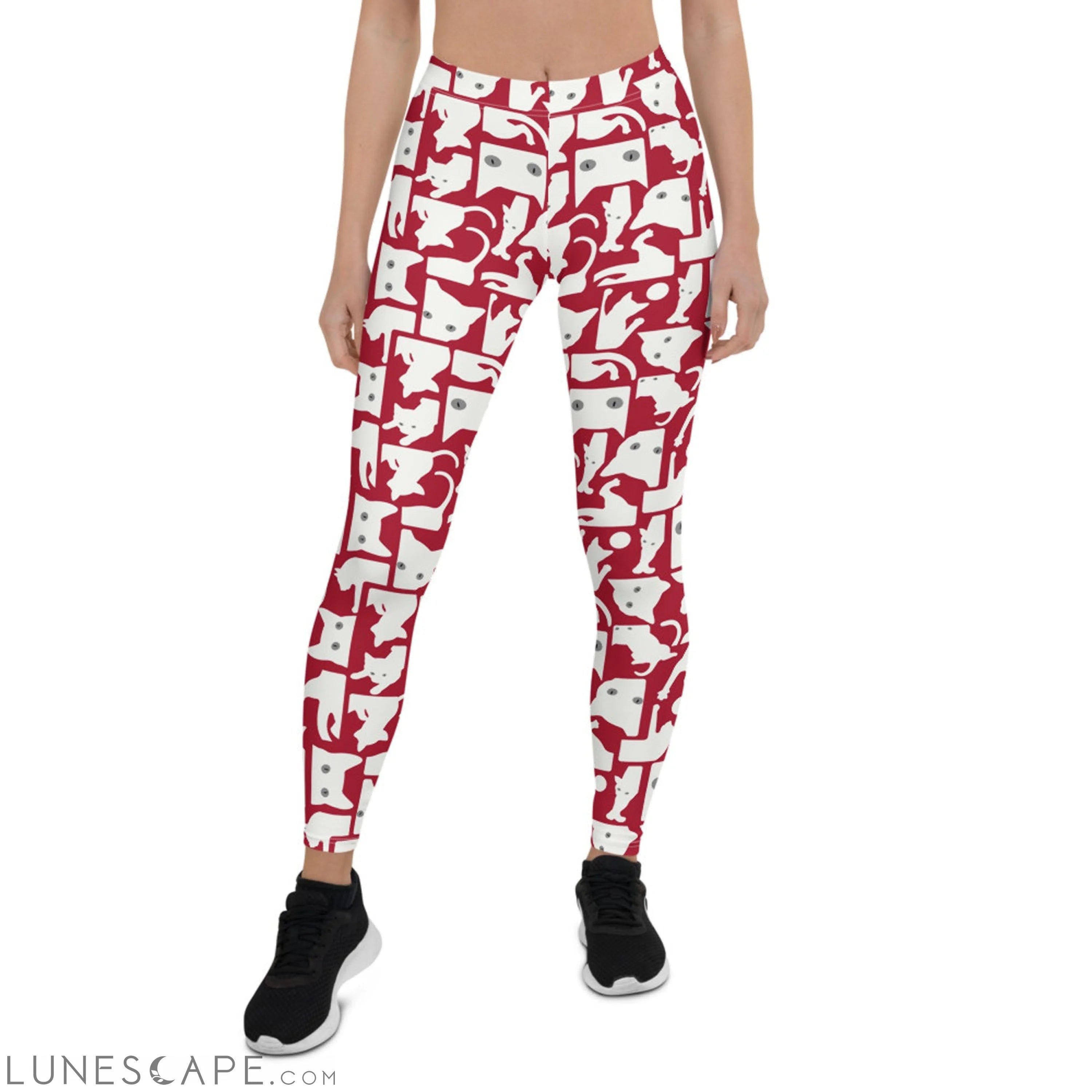 Womens White Cat Silhouette on Red Leggings Leggings