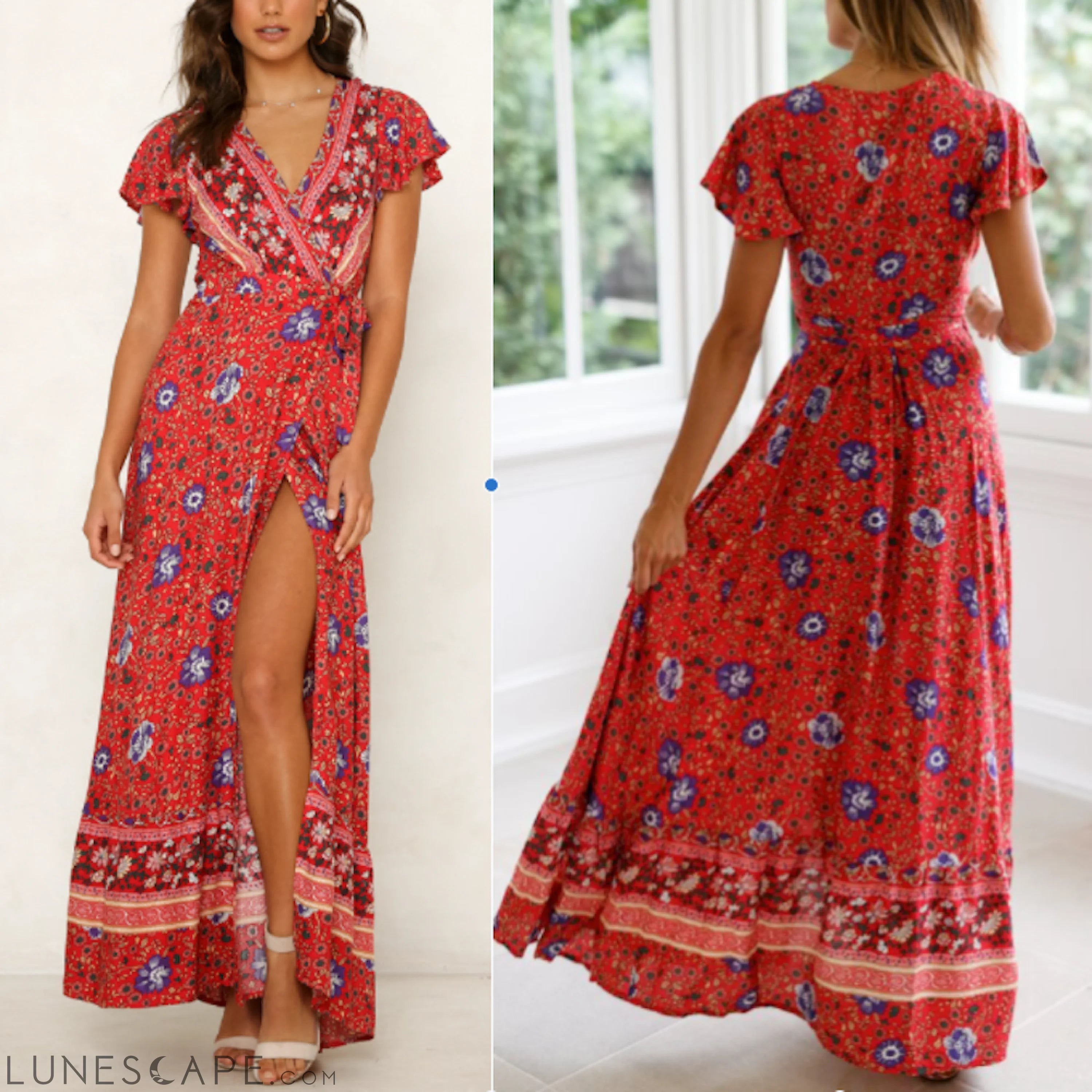 Womens Wrap Style V Neck Floral Maxi Dress LUNESCAPE