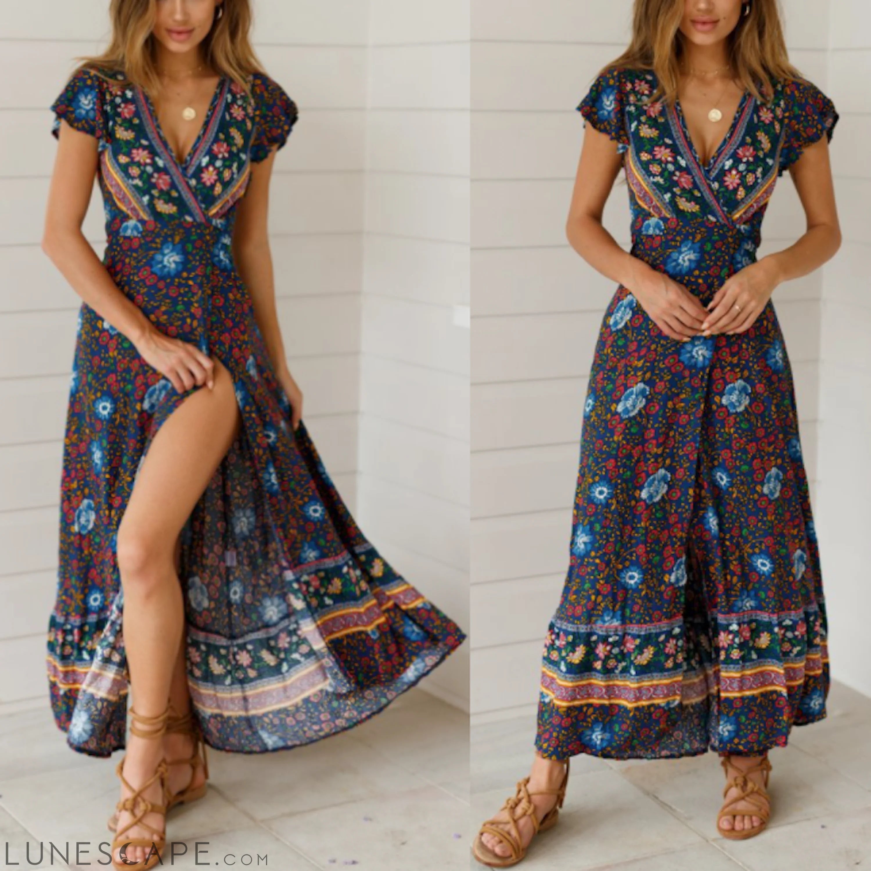 Womens Wrap Style V Neck Floral Maxi Dress LUNESCAPE
