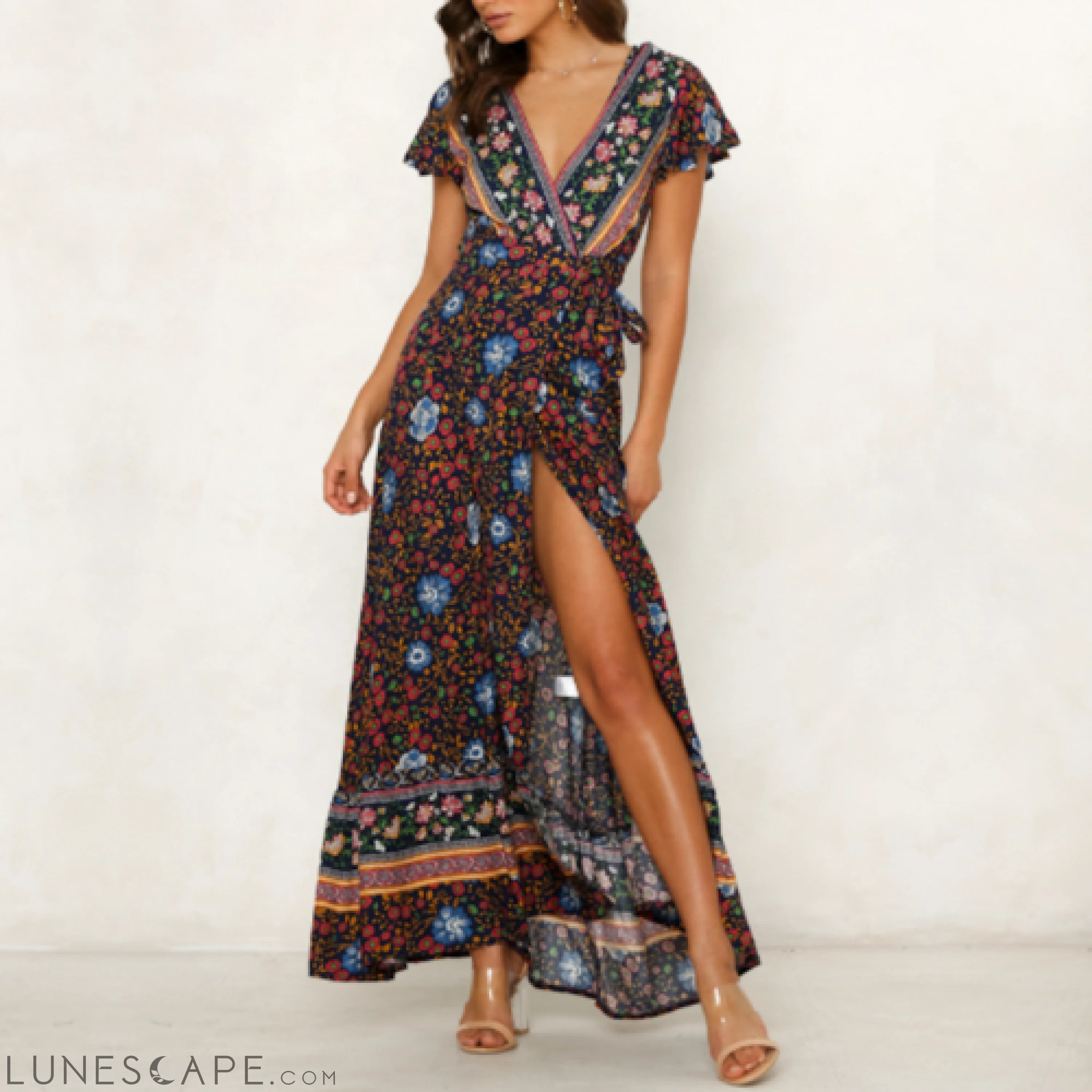 Womens Wrap Style V Neck Floral Maxi Dress LUNESCAPE