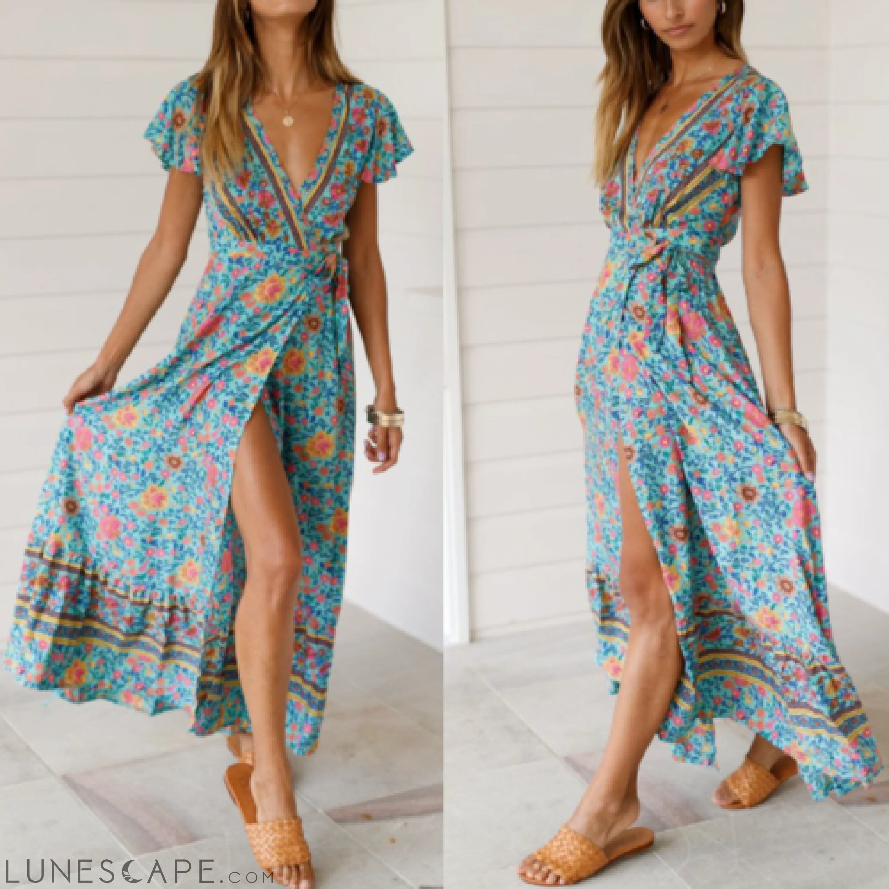 Womens Wrap Style V Neck Floral Maxi Dress LUNESCAPE