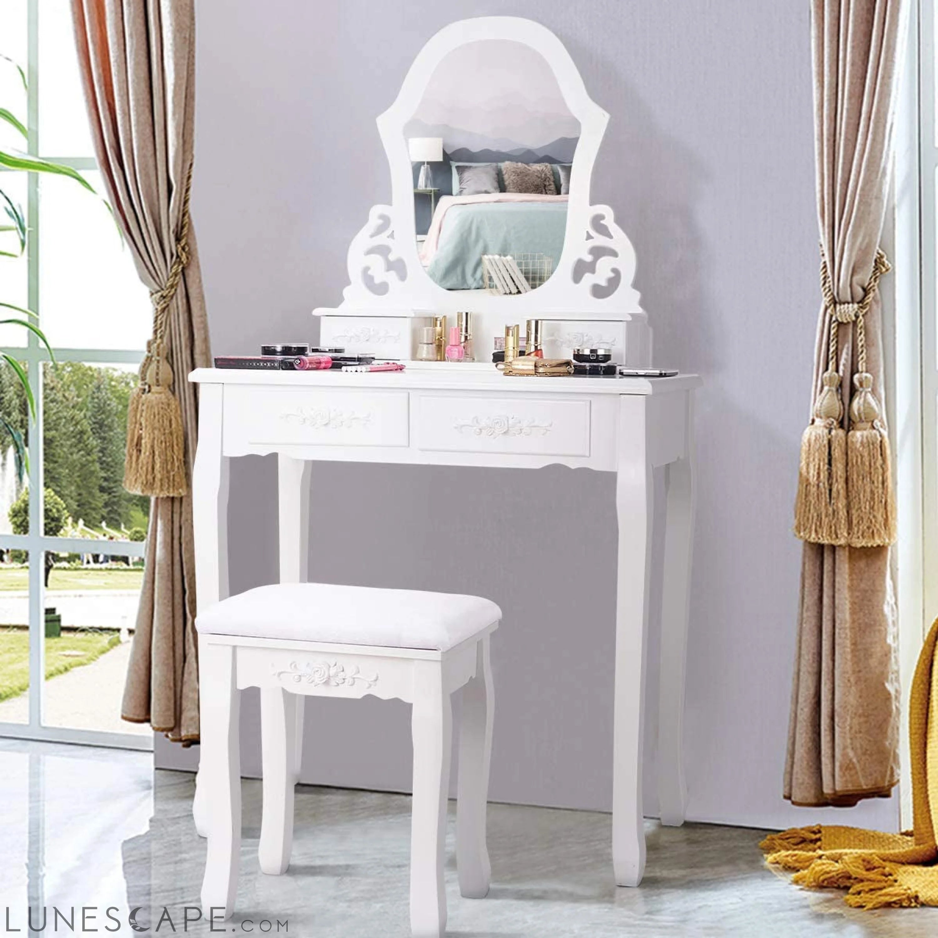 Wooden Dressing Table with Padded Stool Seat LUNESCAPE