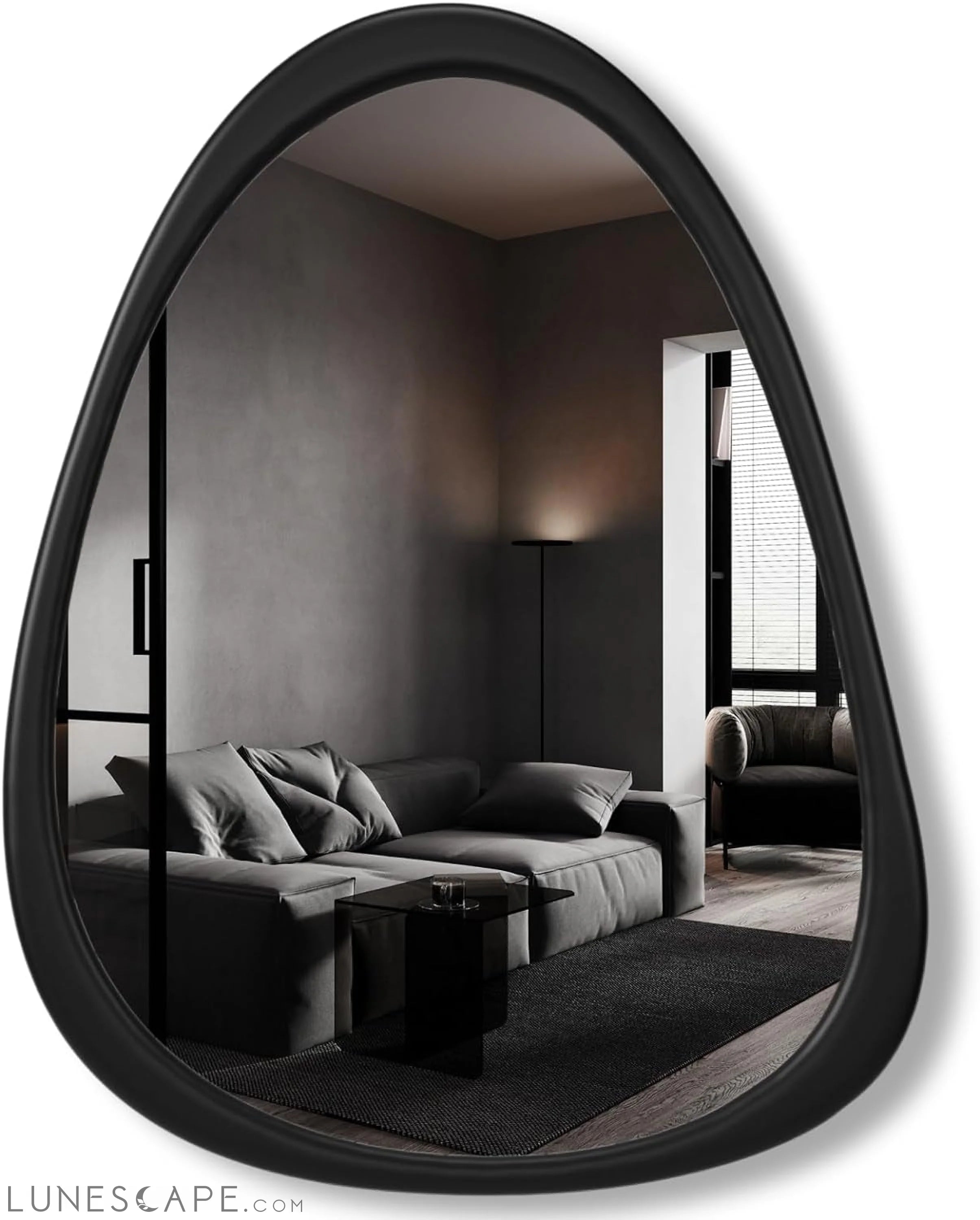 Wooden Wall Mirror with Asymmetrical Design, 44 x 34 Irregular Shape, LUNESCAPE