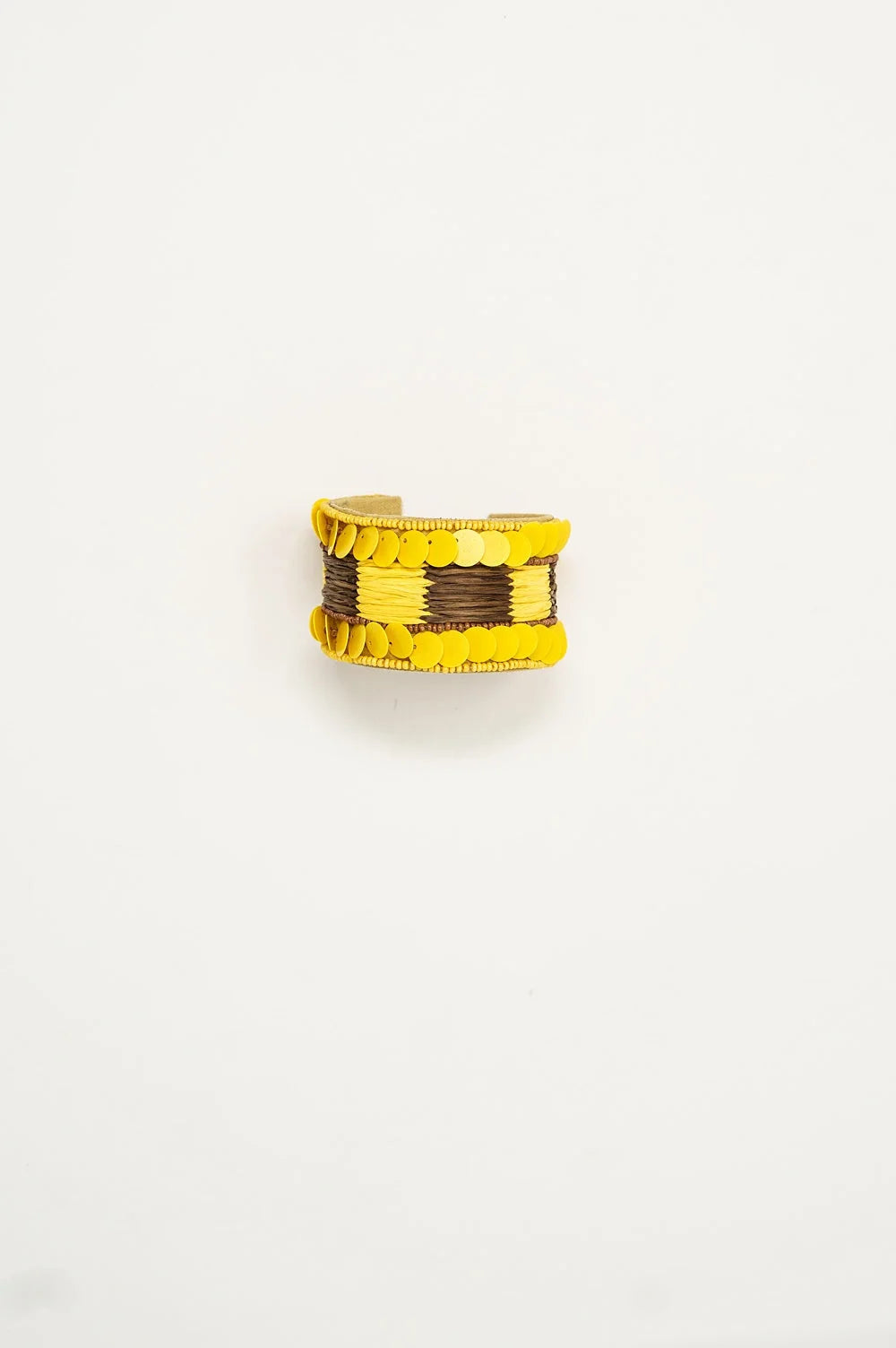 Yellow and Brown Thick Open Bracelet Wtih Yellow Bead Accents LUNESCAPE