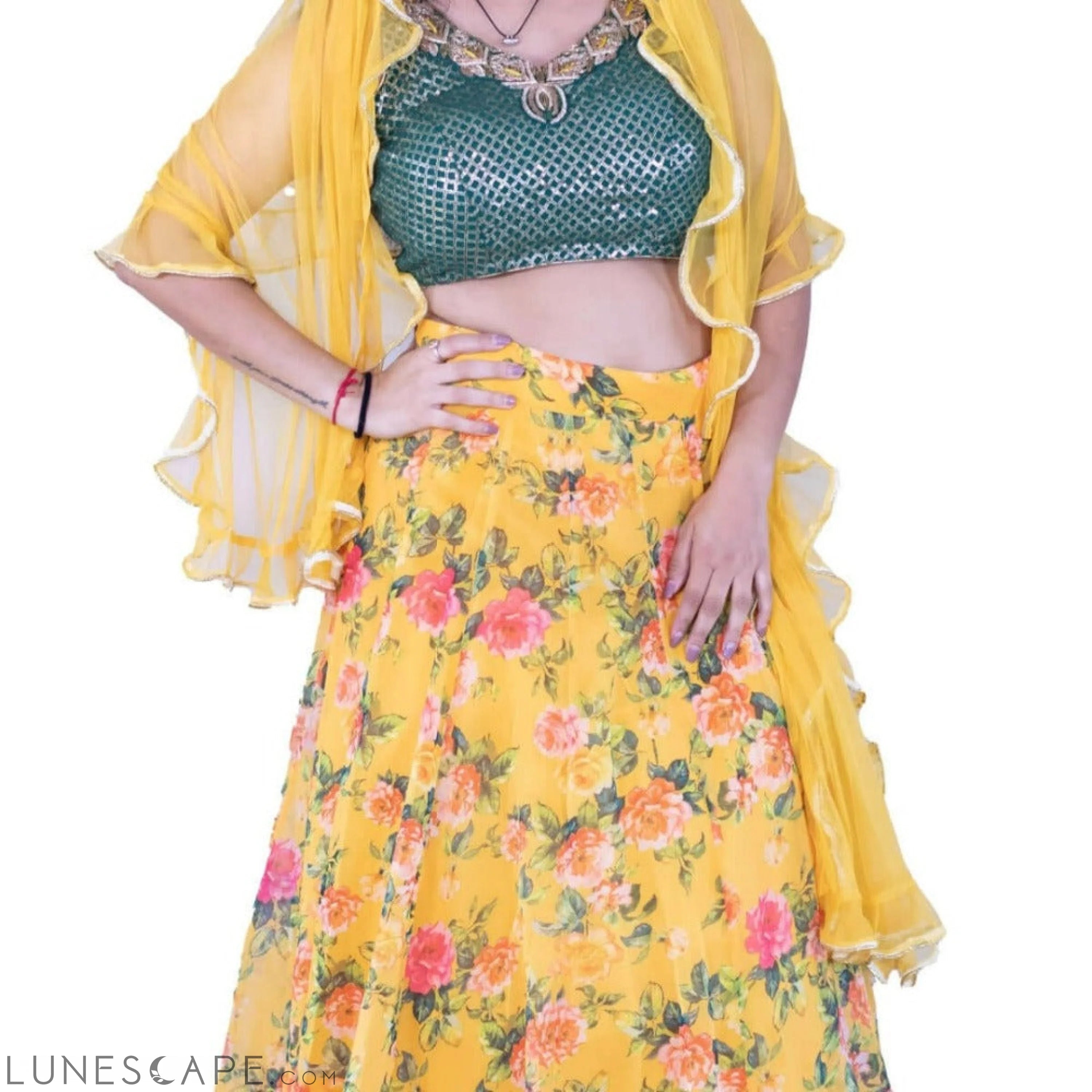 Yellow and Green Designer Lehenga Choli Set LUNESCAPE