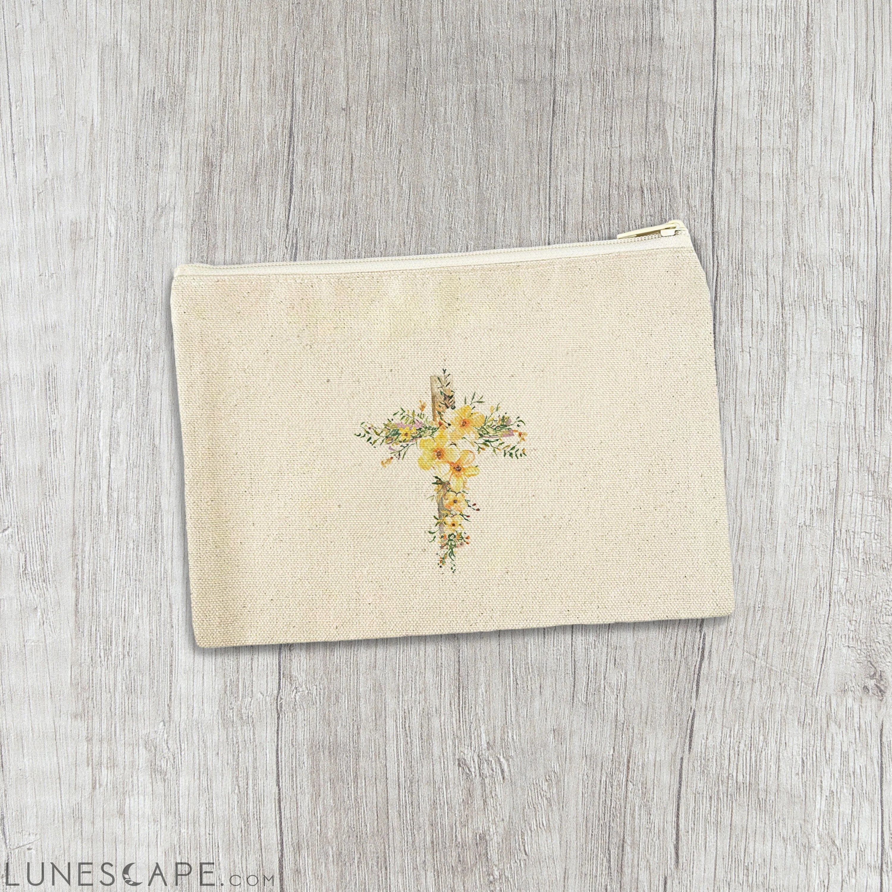 Yellow Floral Cross - Easter Canvas Zipper Pouch LUNESCAPE