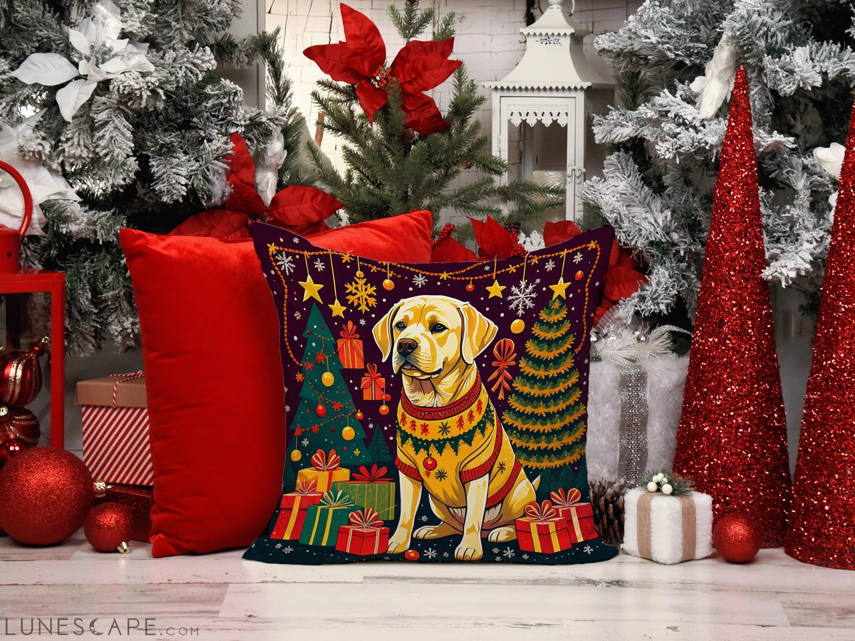 Yellow Labrador Retriever Christmas Throw Pillow LUNESCAPE