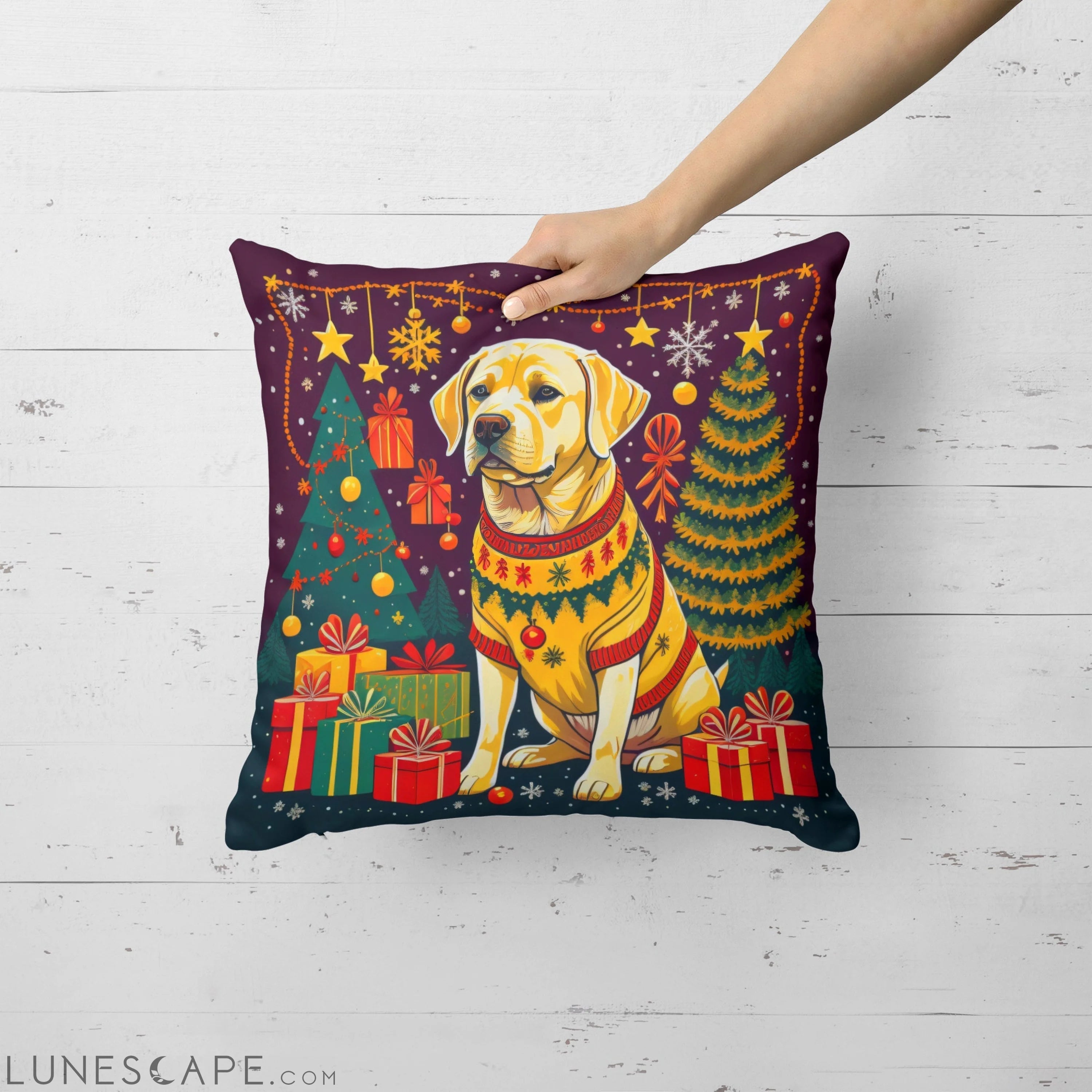 Yellow Labrador Retriever Christmas Throw Pillow LUNESCAPE